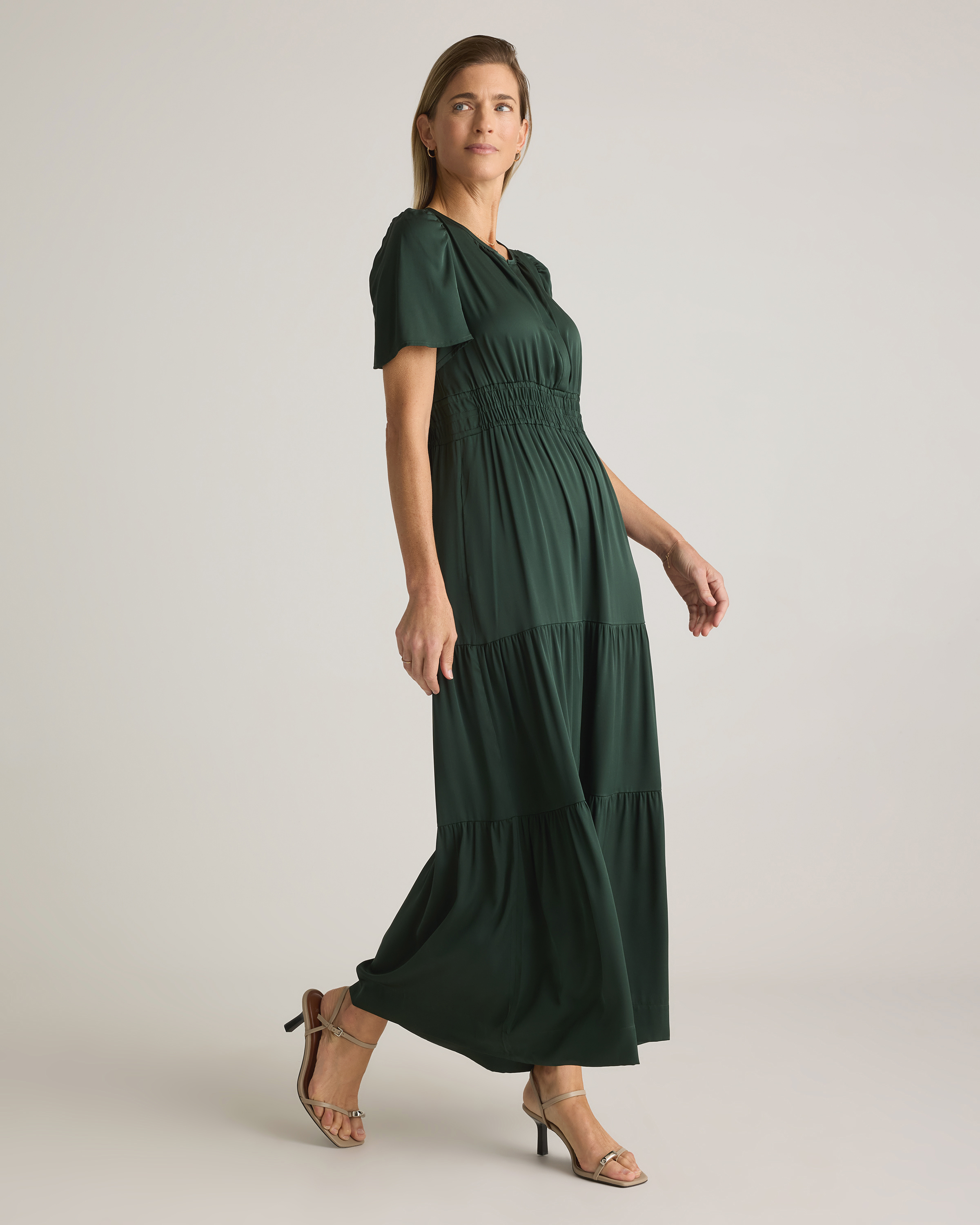 Washable Stretch Silk Tiered Maxi Dress in Forest Green