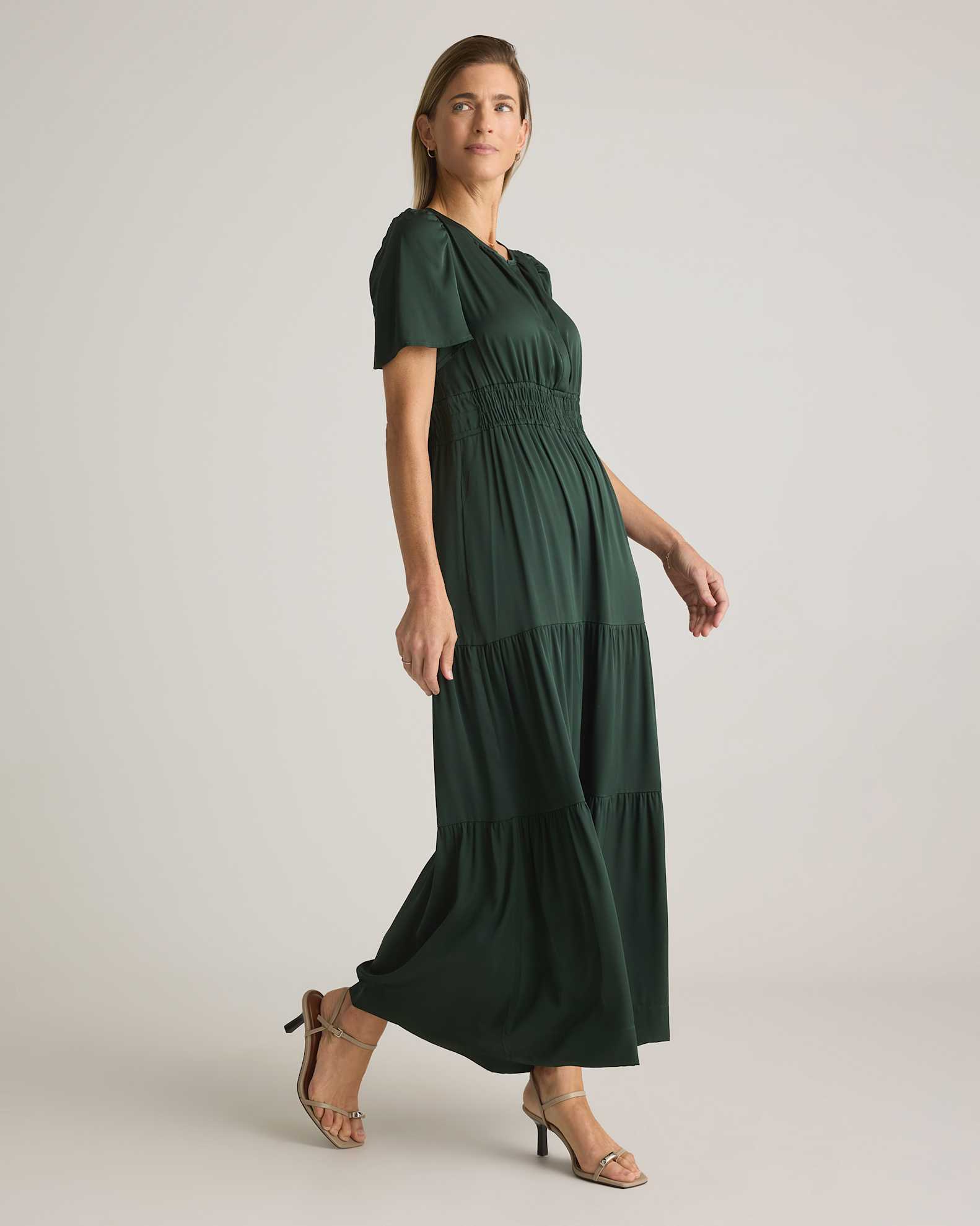 Women's Washable Stretch Silk Tiered Maxi Dress in Forest Green, Size XS by Quince Women's Washable Stretch Silk Tiered Maxi Dress in Forest Green, Size XS by Quince