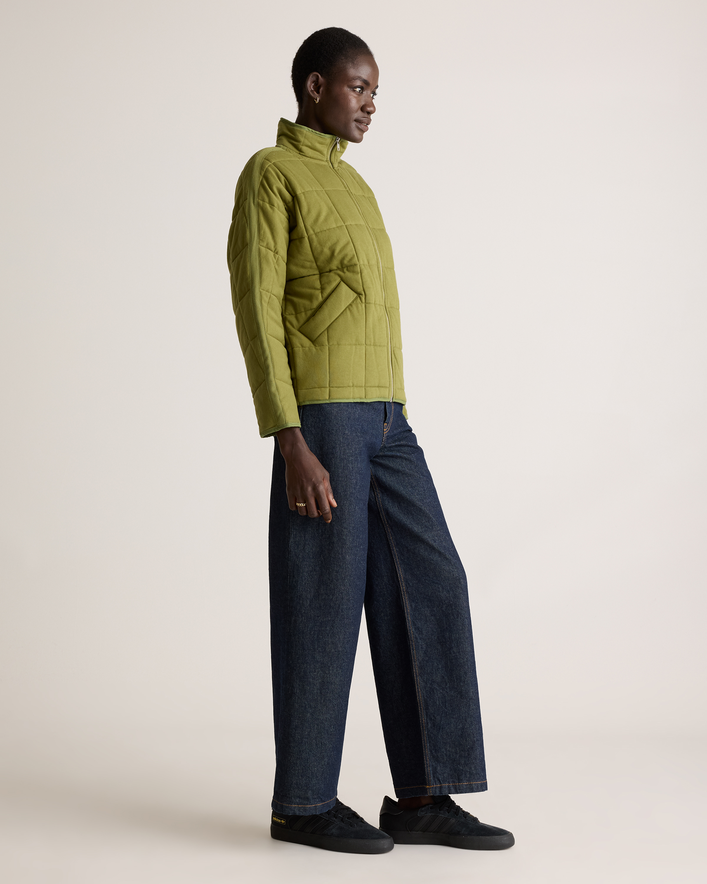 Organic Cotton Quilted Knit Jacket in Olive
