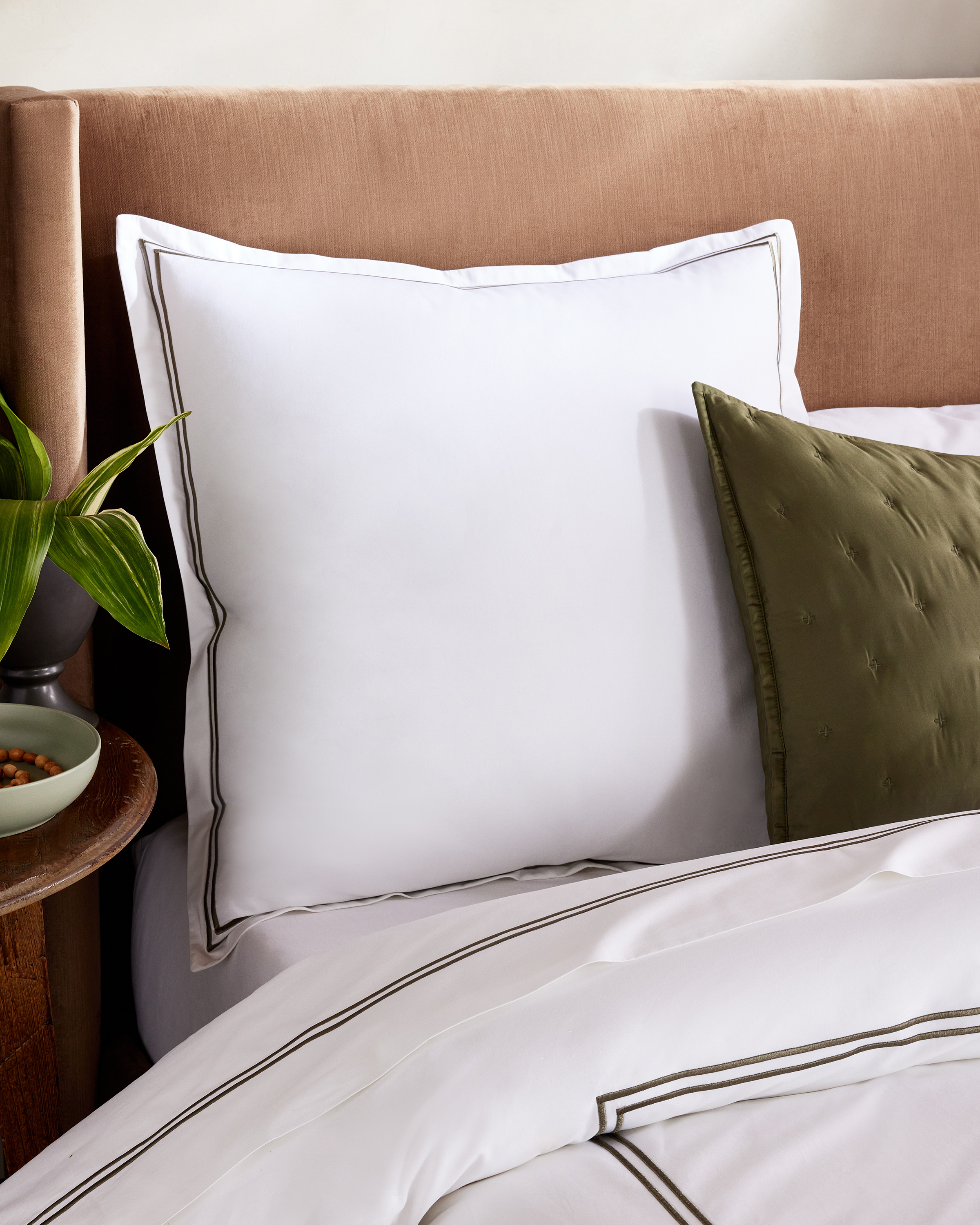 White/Dusty Olive Classic Organic Percale Embellished Euro Sham