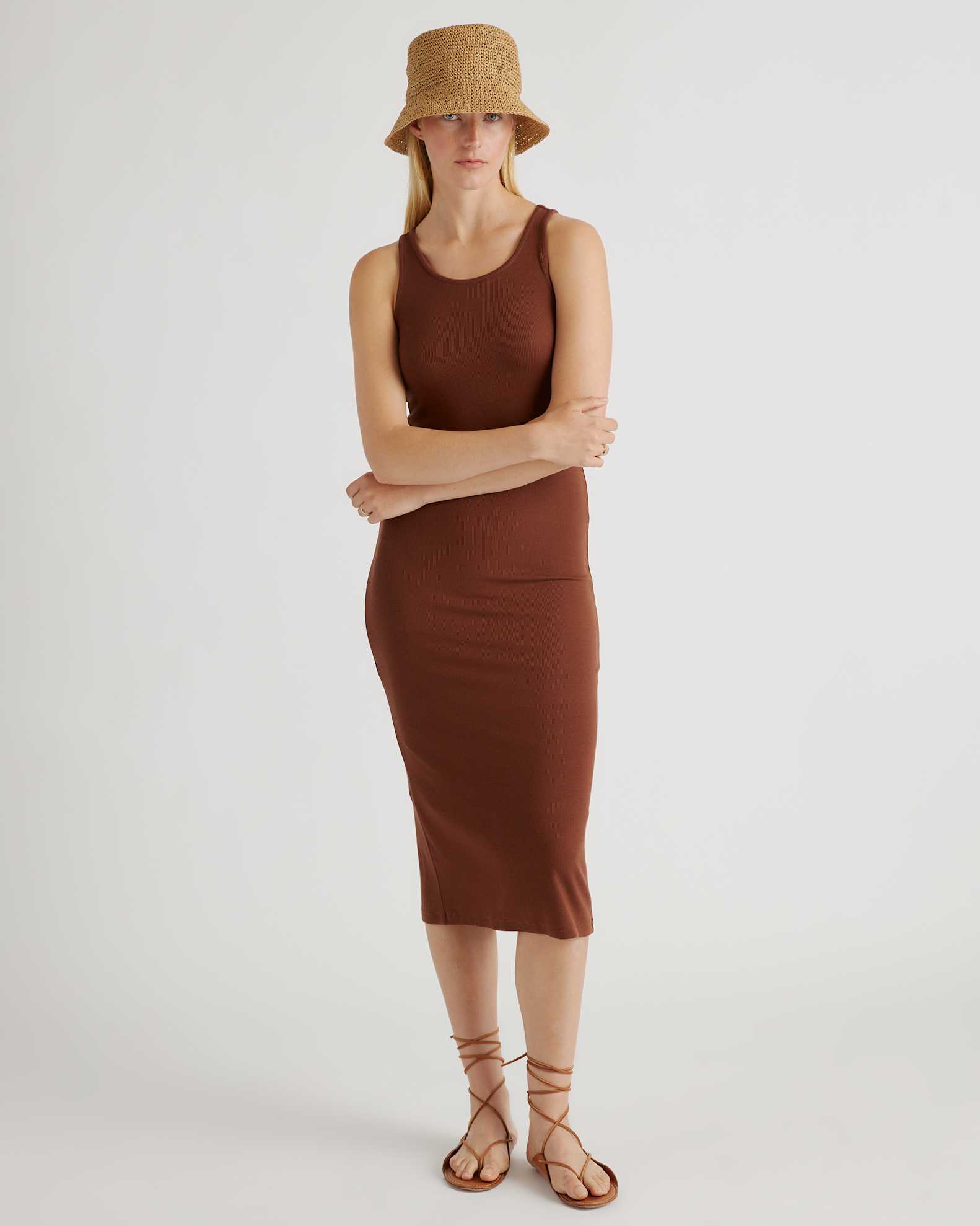 Quince Women's Tencel Rib Knit Sleeveless Midi Dress in Brown, Size Small - Soft, Breathable, Slimming & Pill-Resistant Quince Women's Tencel Rib Knit Sleeveless Midi Dress in Brown, Size Small - Soft, Breathable, Slimming & Pill-Resistant