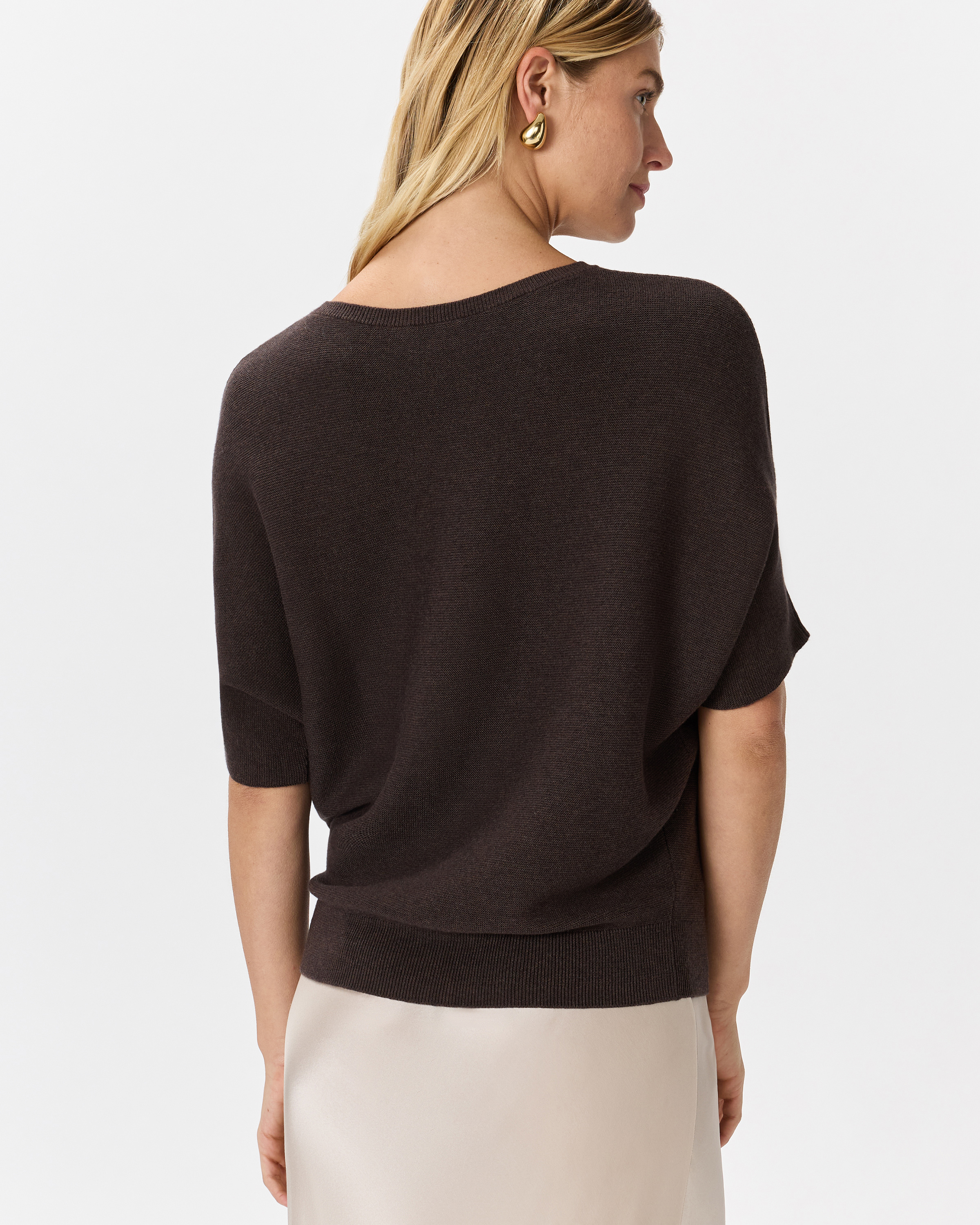 Lightweight Cotton Cashmere Link-Stitch Dolman Sweater in Mocha