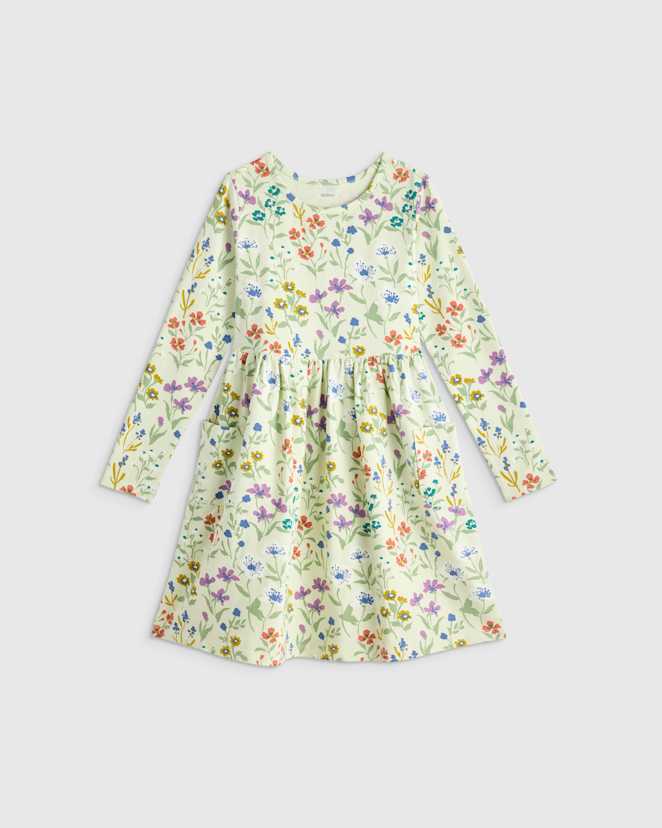 Mint Garden Path Organic Cotton Long Sleeve Fit and Flare Pocket Dress