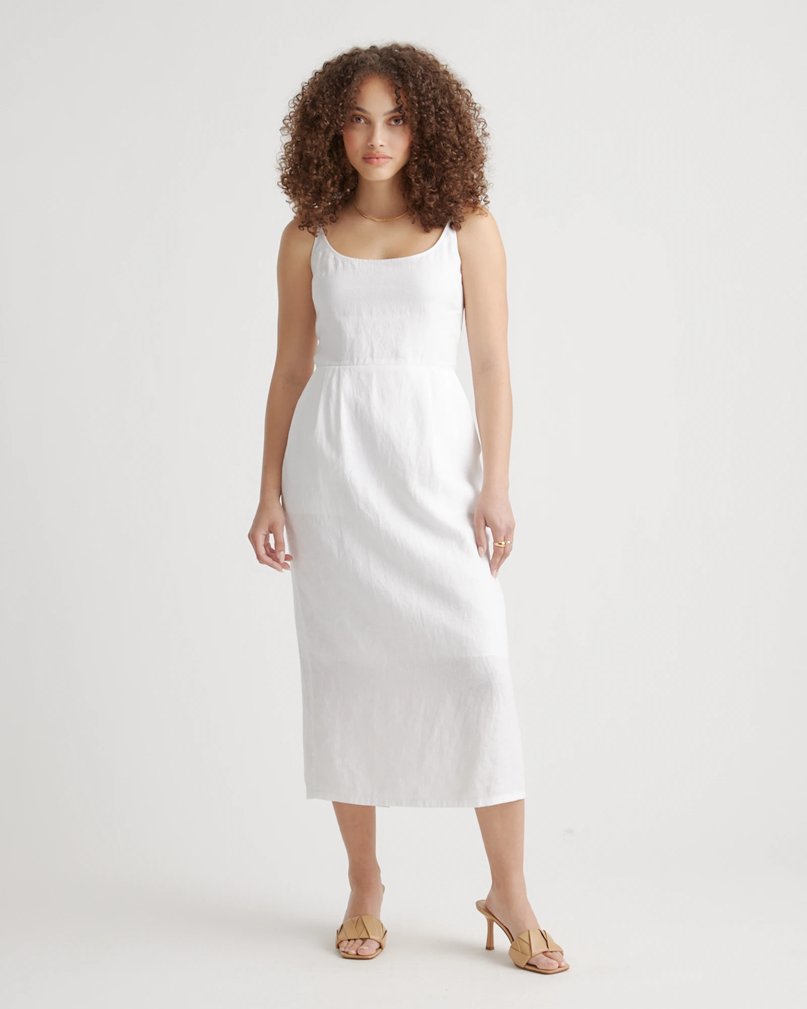 100% European Linen Scoop Neck Midi Dress (White)