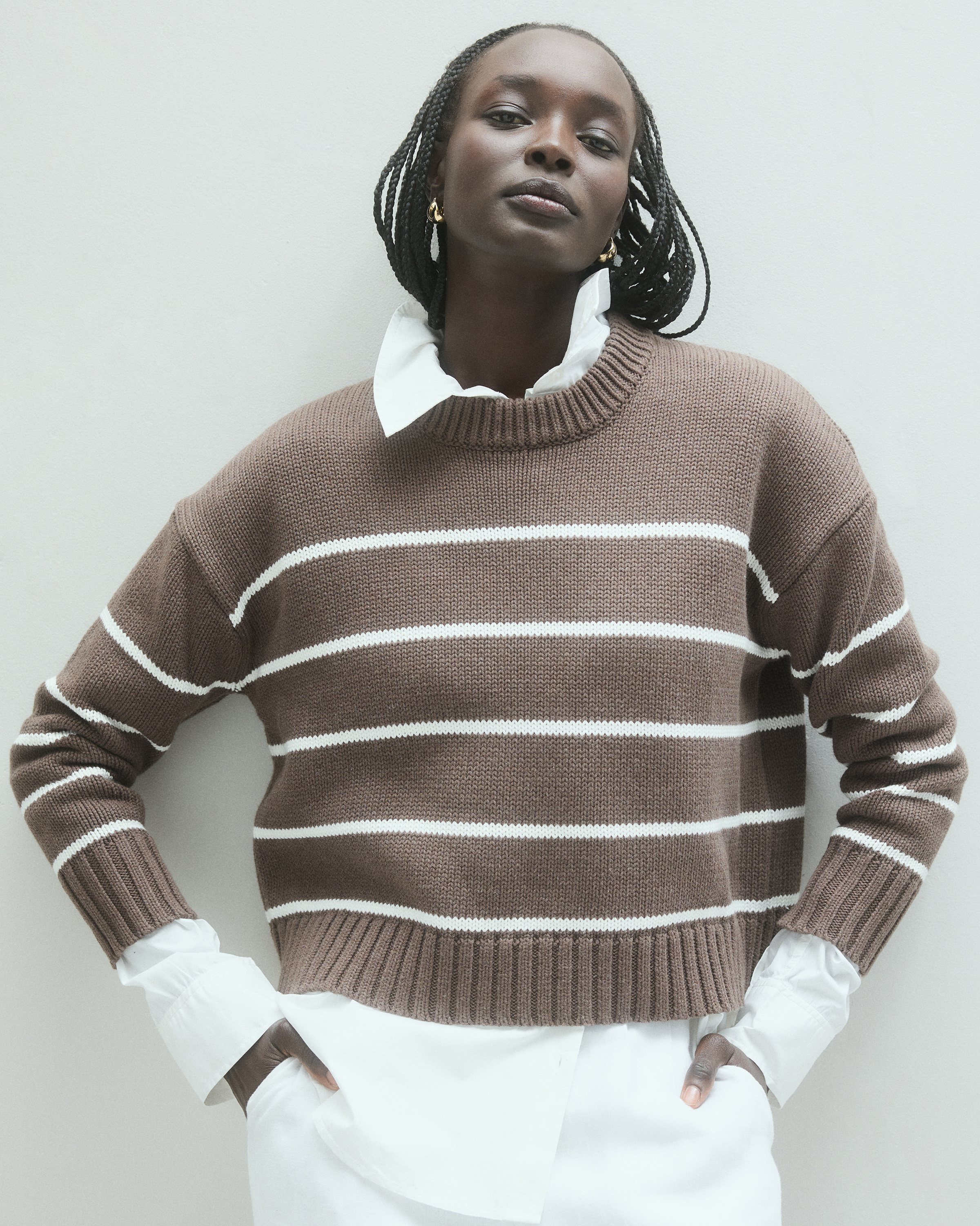 100% Organic Cotton Striped Crew Sweater in Heather Brown/ivory