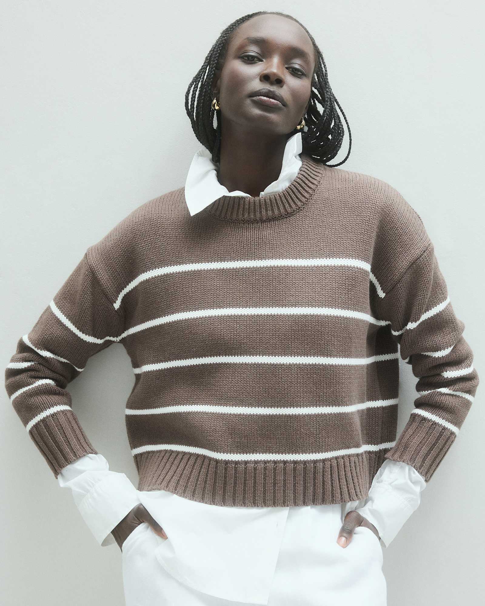 100% Organic Cotton Striped Crew Sweater in Heather Brown/ivory