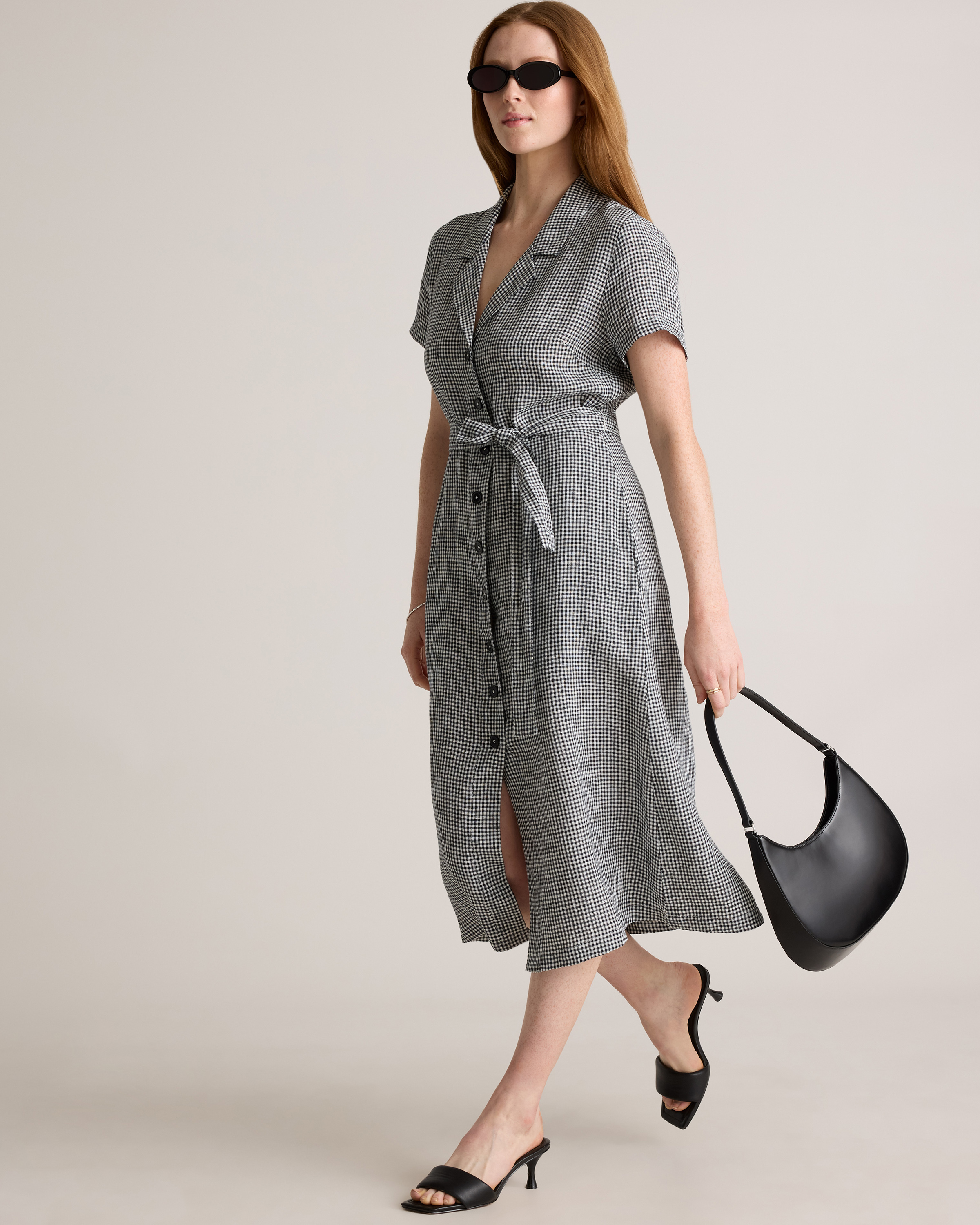 Women's 100% European Linen Button Front Dress in Classic Mini Gingham, Size XS by Quince