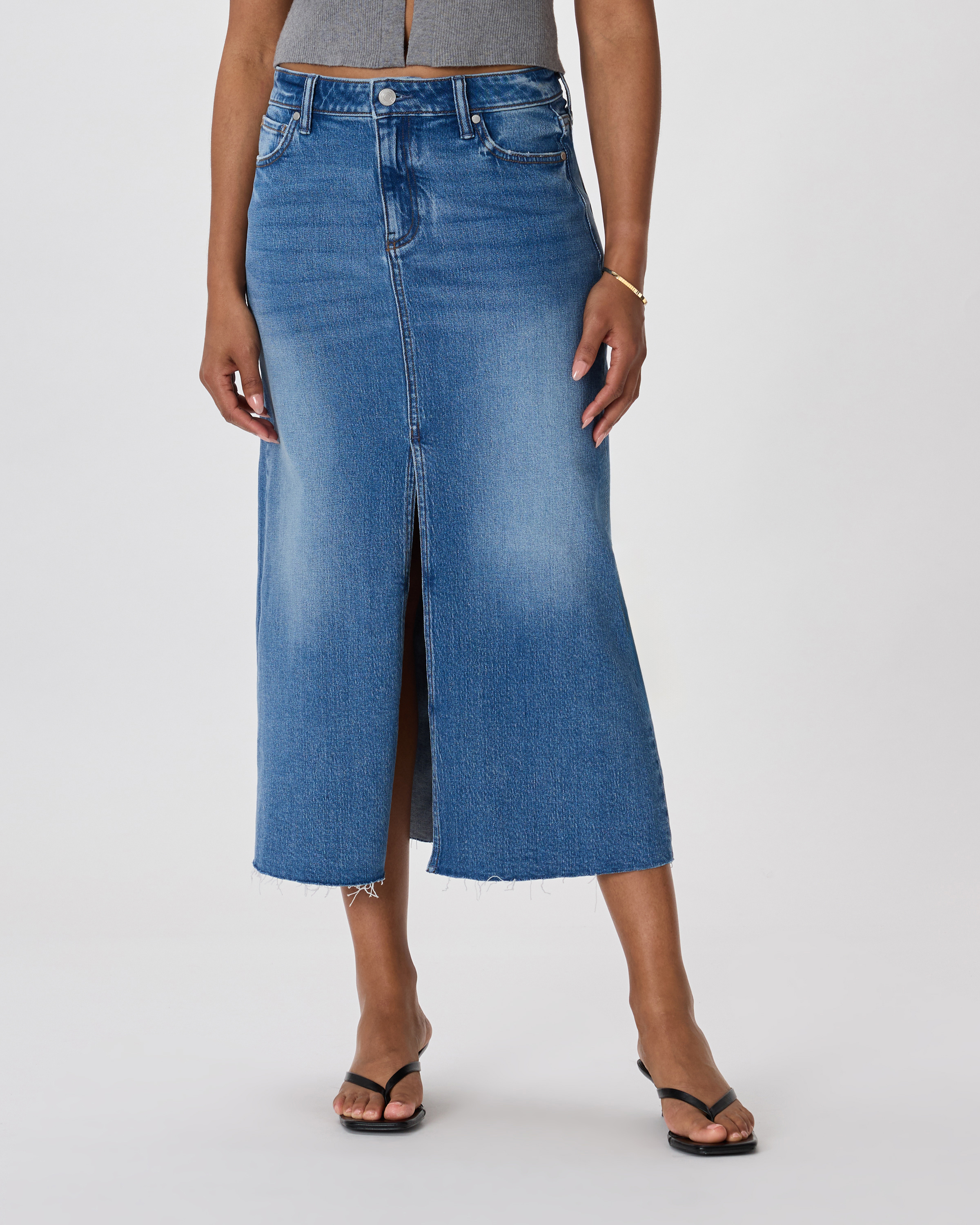 Stretch Denim 5-Pocket Midi Skirt in Atlantic Blue