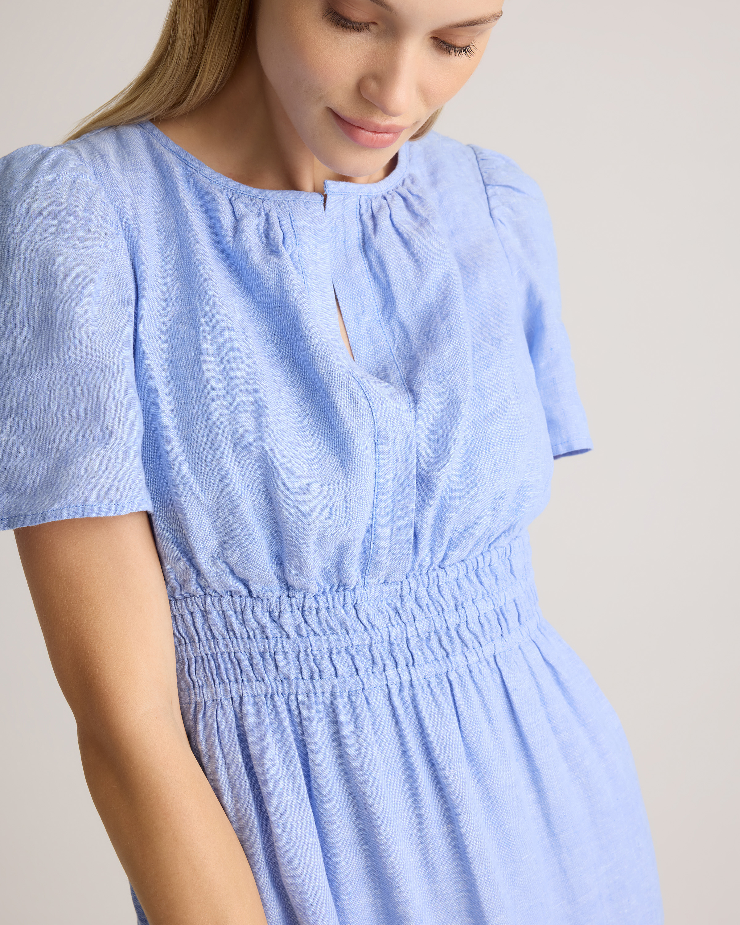 Quince Women's Maxi Dress in French Blue, Size XL - 100% European Linen, Tiered, V-Neck, Short Sleeves, Pocketed, Sustainable Material
