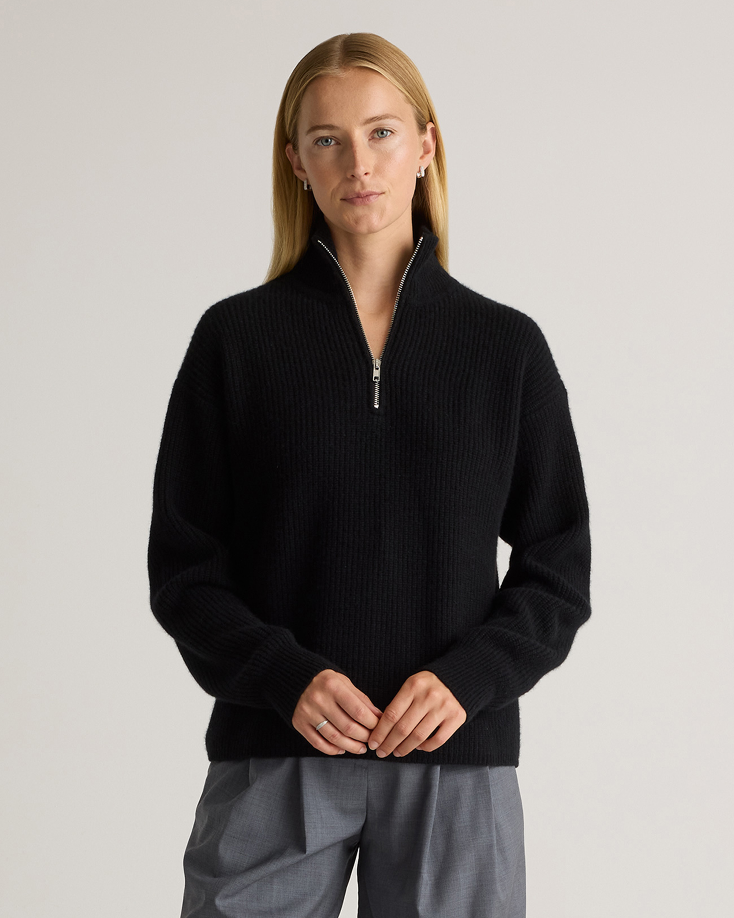 Quince Women's Mongolian Cashmere Fisherman Quarter Zip Sweater In Black