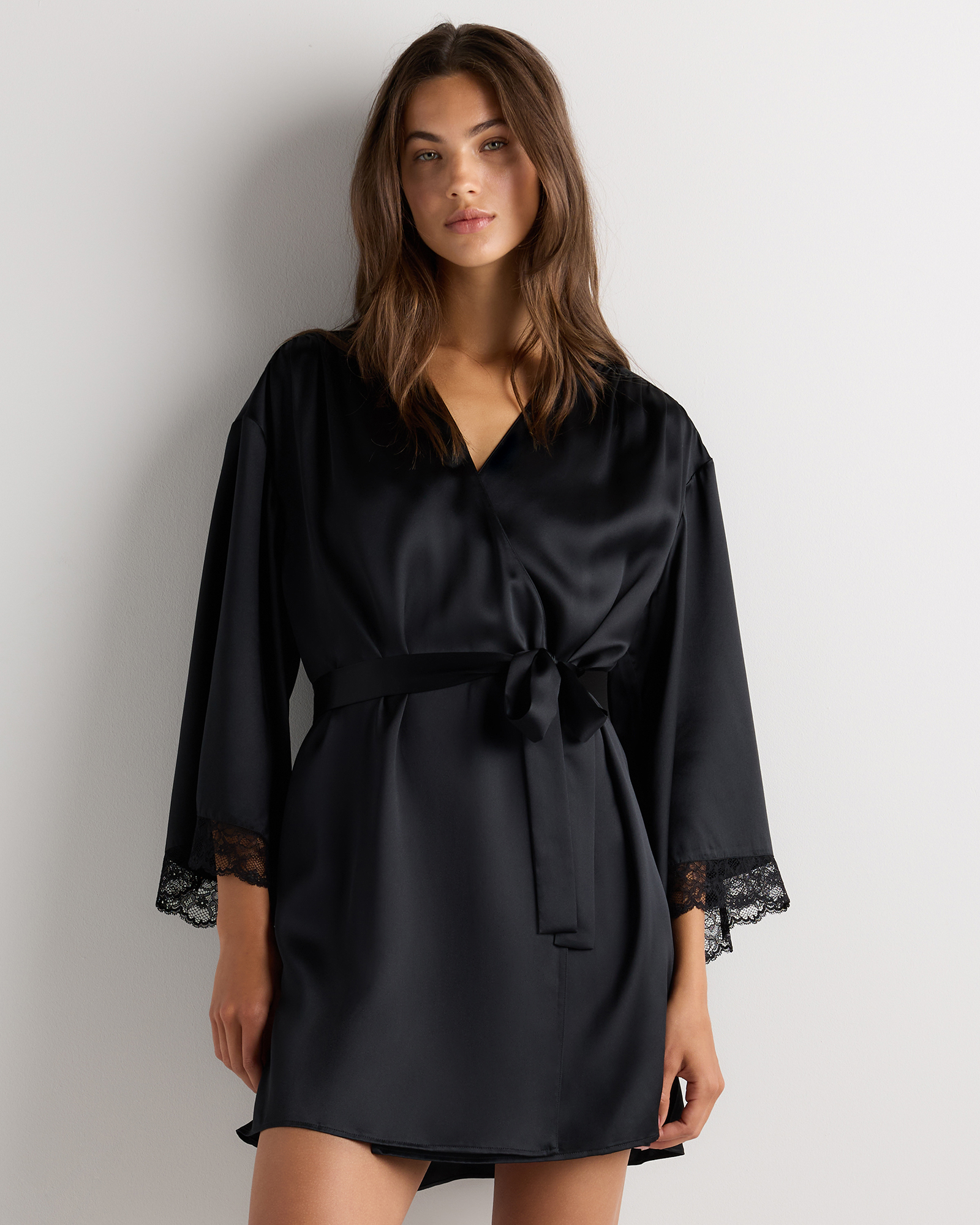 Black 100% Washable Silk Satin Lace Trim Robe