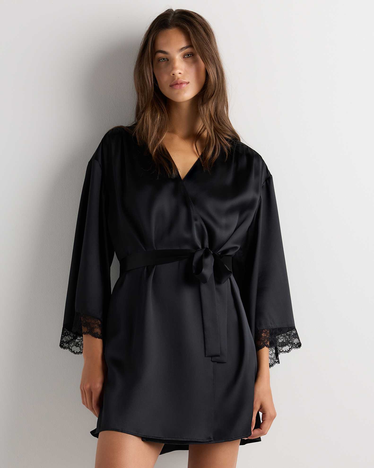 black silk robe dress Chic Black Silk Long Dressing Gown, Wide Belt Night Robe Erminel