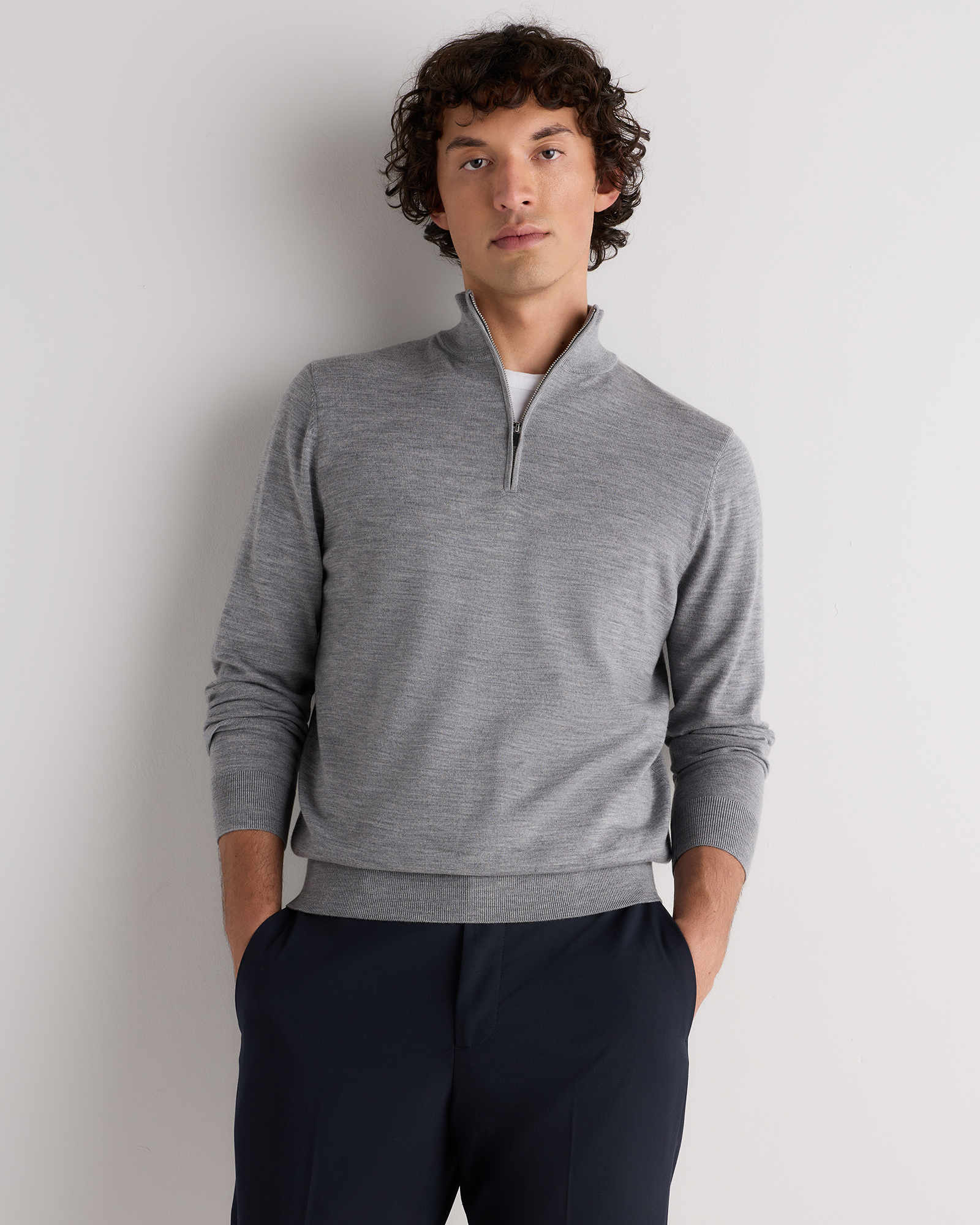 Light Heather Grey Worsted Merino Wool Quarter Zip Sweater