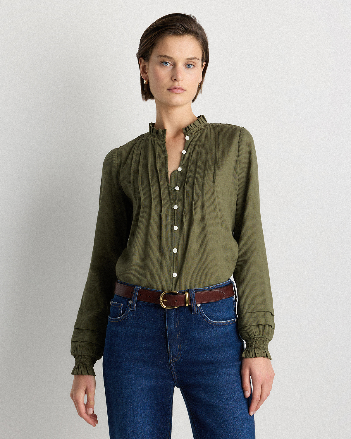 Caper Organic Textured Cotton Peasant Blouse