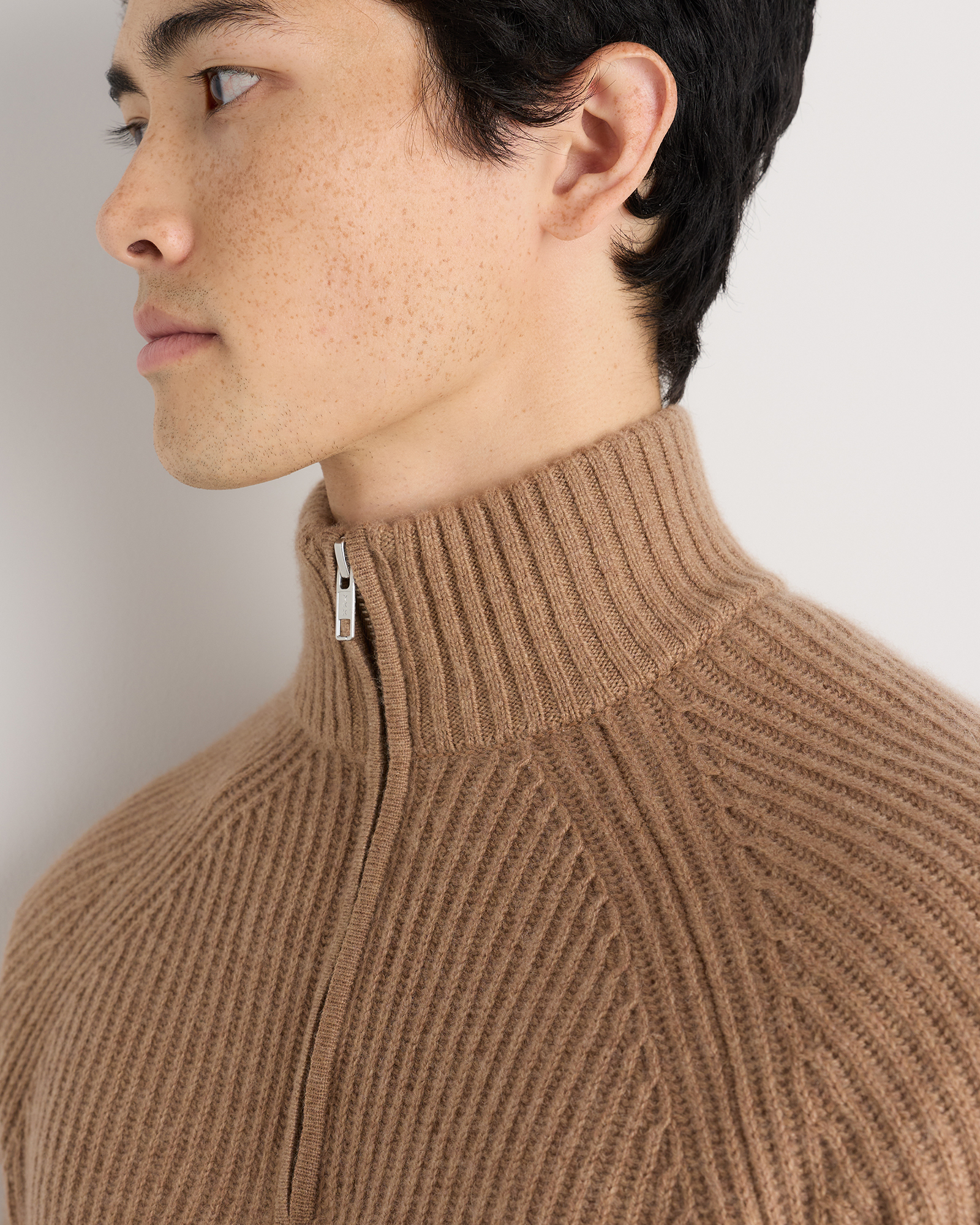Mongolian Cashmere Fisherman Quarter Zip Sweater in Teak