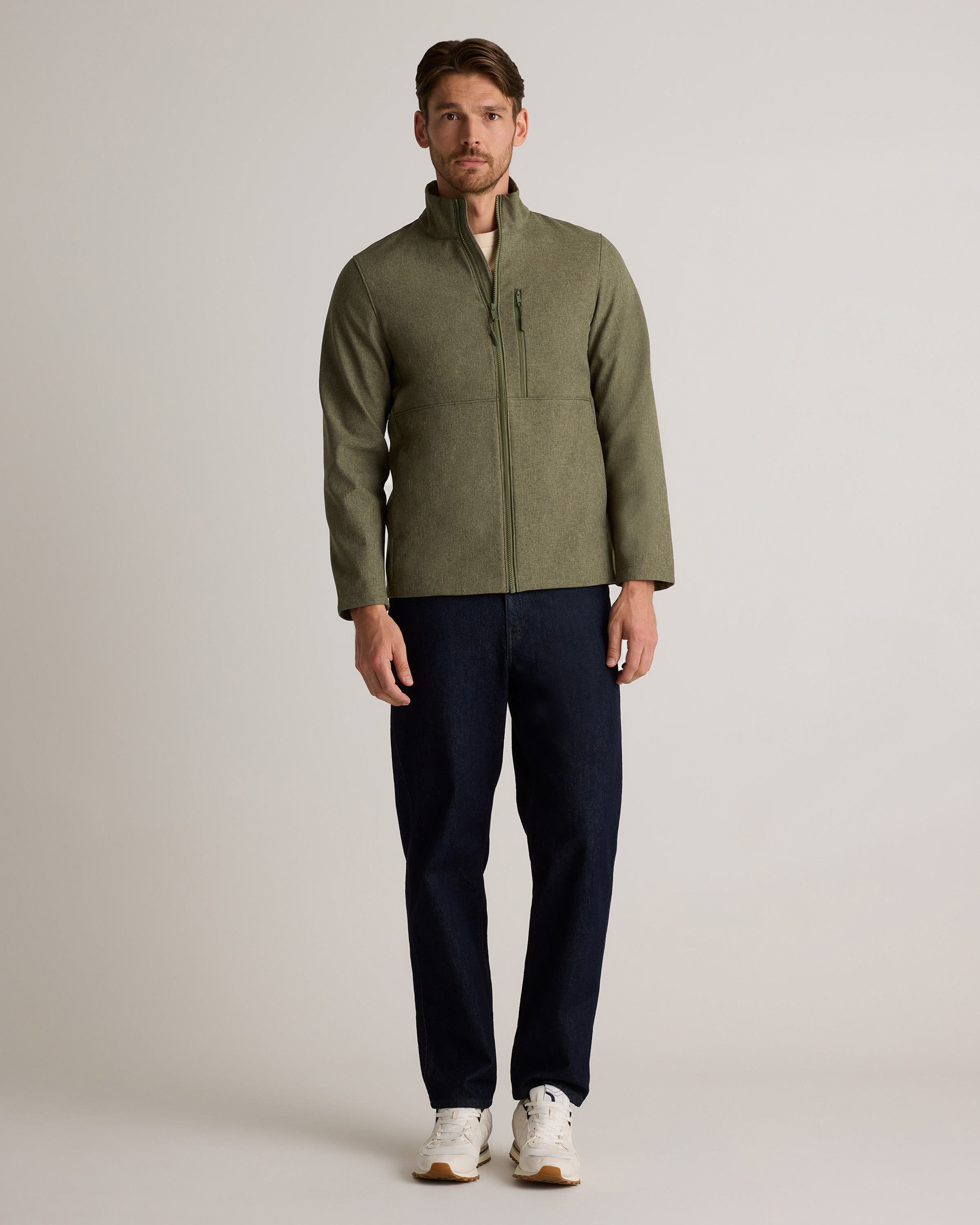 Softshell Fleece-Lined Full-Zip Jacket in Heather Olive Oil