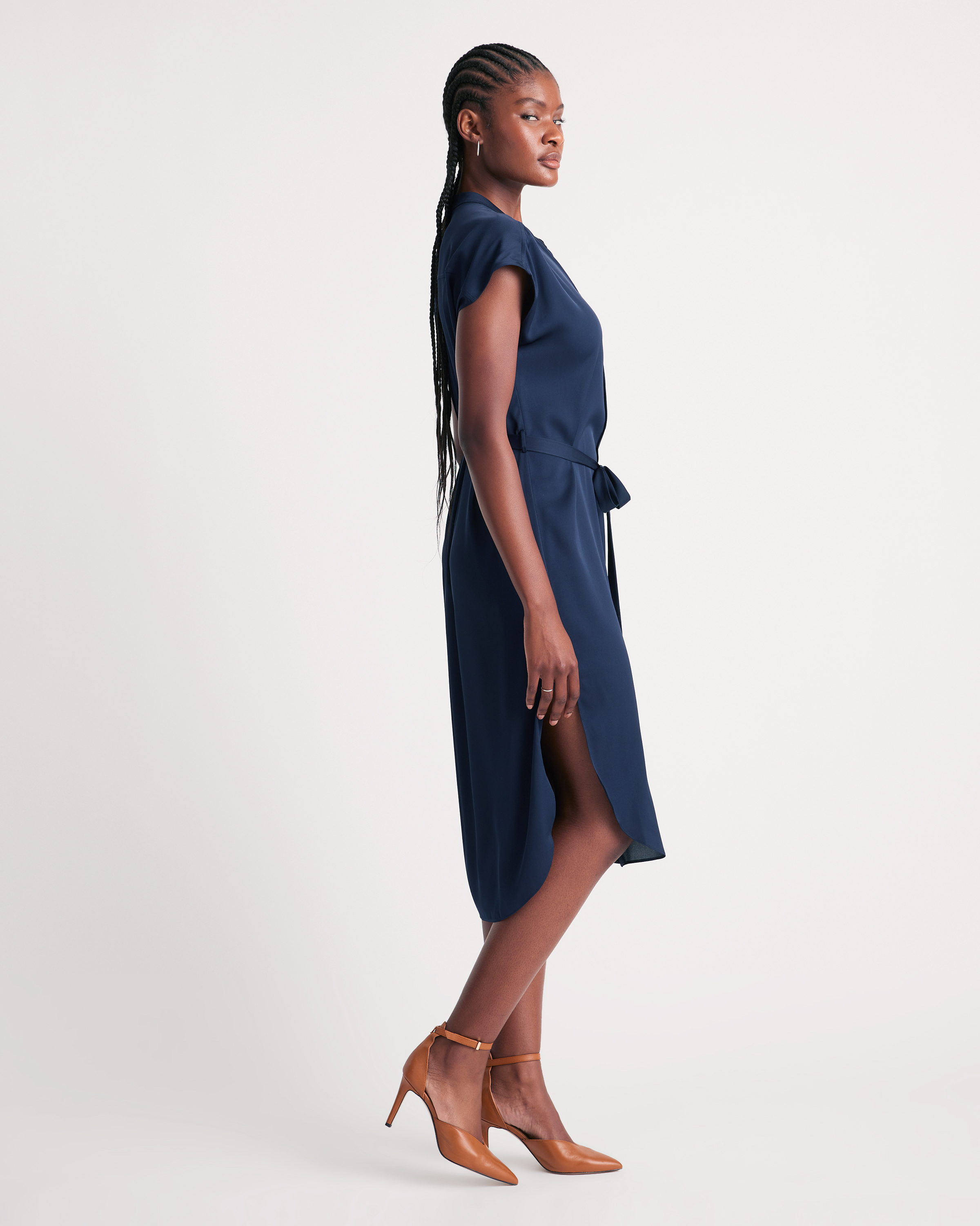 Washable Stretch Silk Midi Shirt Dress in Navy