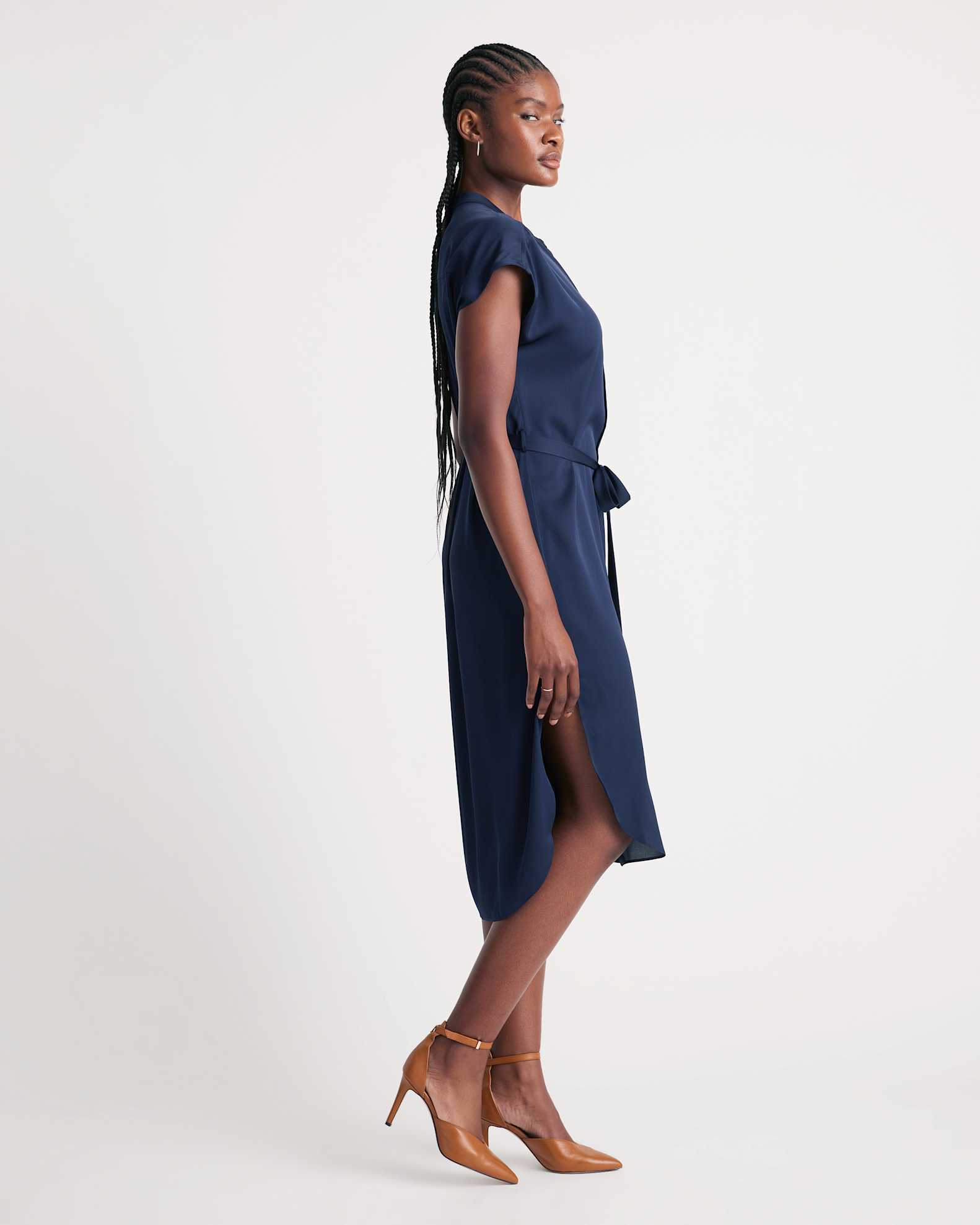 Washable Stretch Silk Midi Shirt Dress in Navy Washable Stretch Silk Midi Shirt Dress in Navy