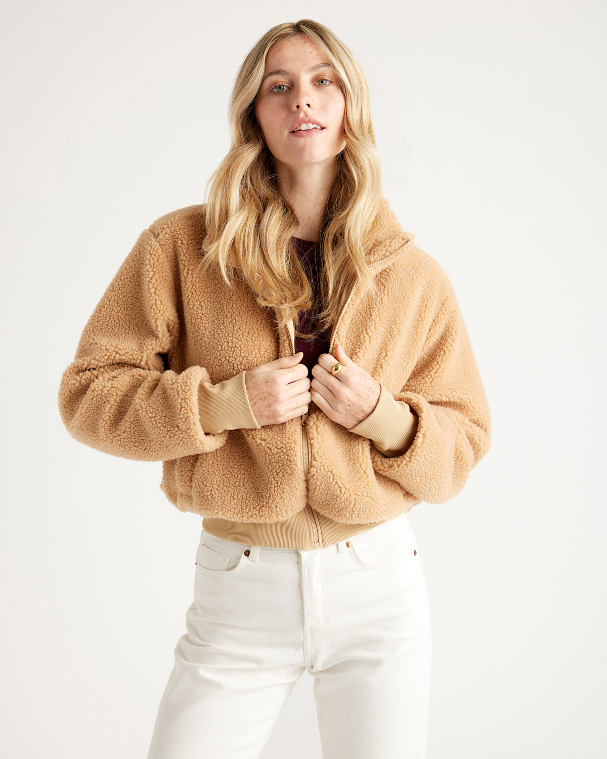 Quince Hooded Sherpa Jacket in Camel