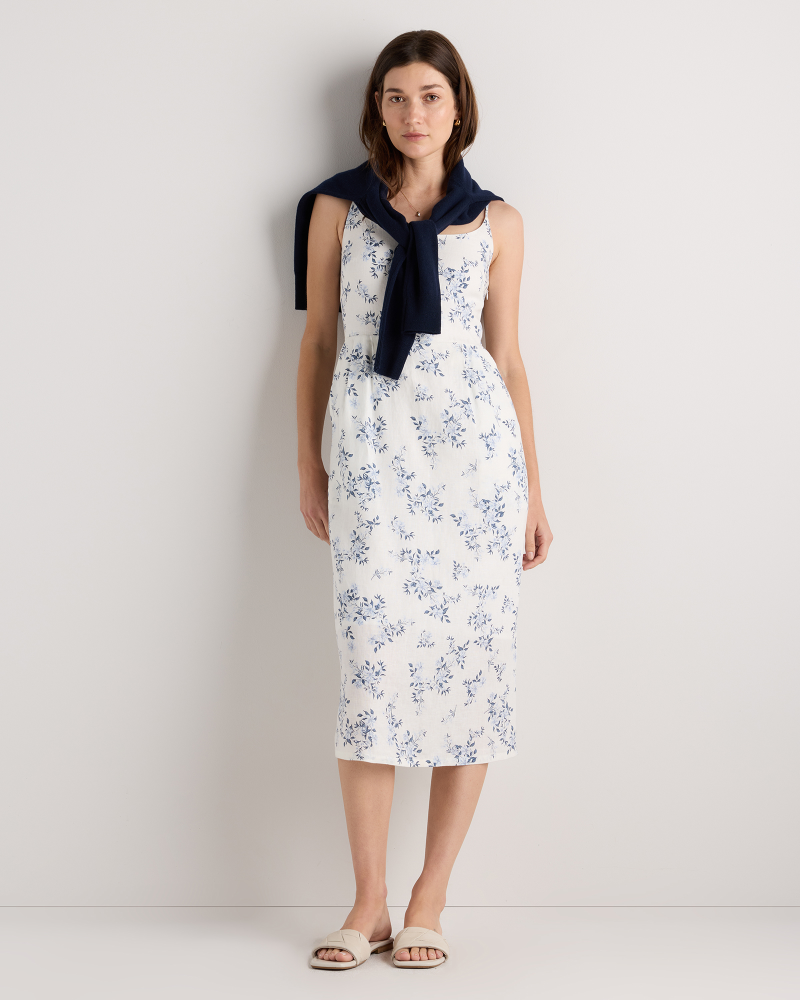 Ivory Porcelain Blue Petite Floral 100% European Linen Scoop Neck Midi Dress
