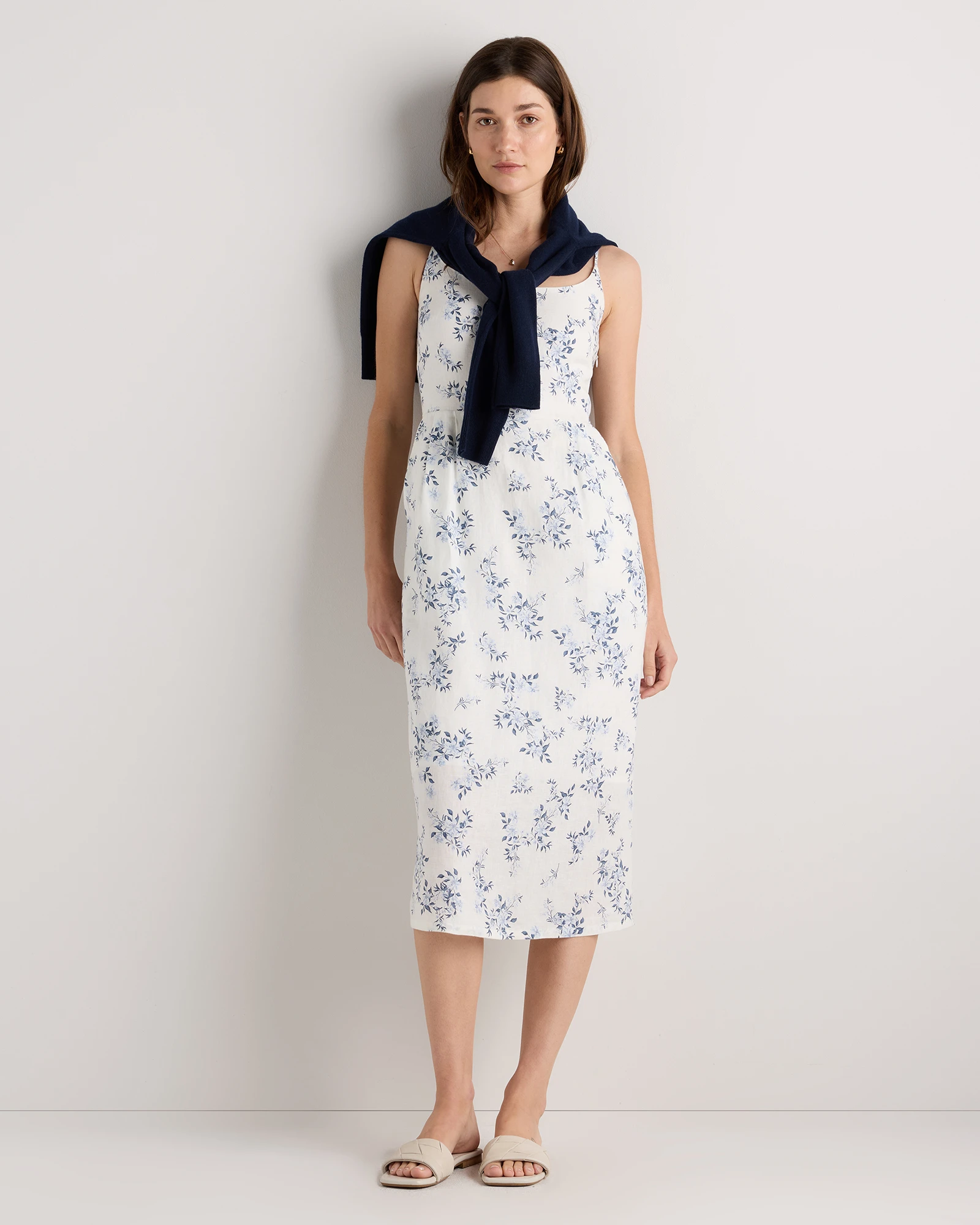 the linen short sleeve scoop midi dress 100% European Linen Scoop Neck Midi Dress