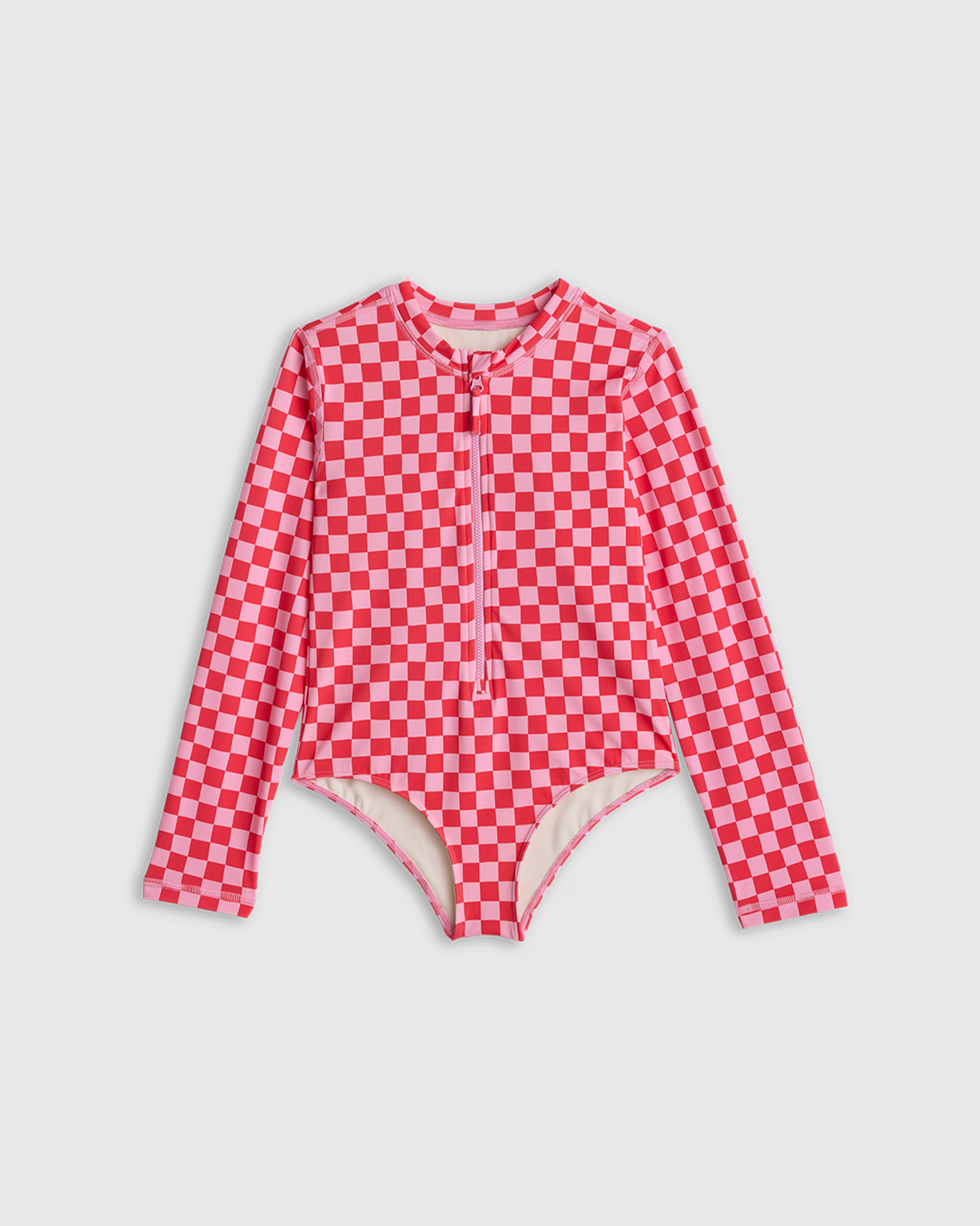 Pink Check Long Sleeve Zip-Up Swimsuit