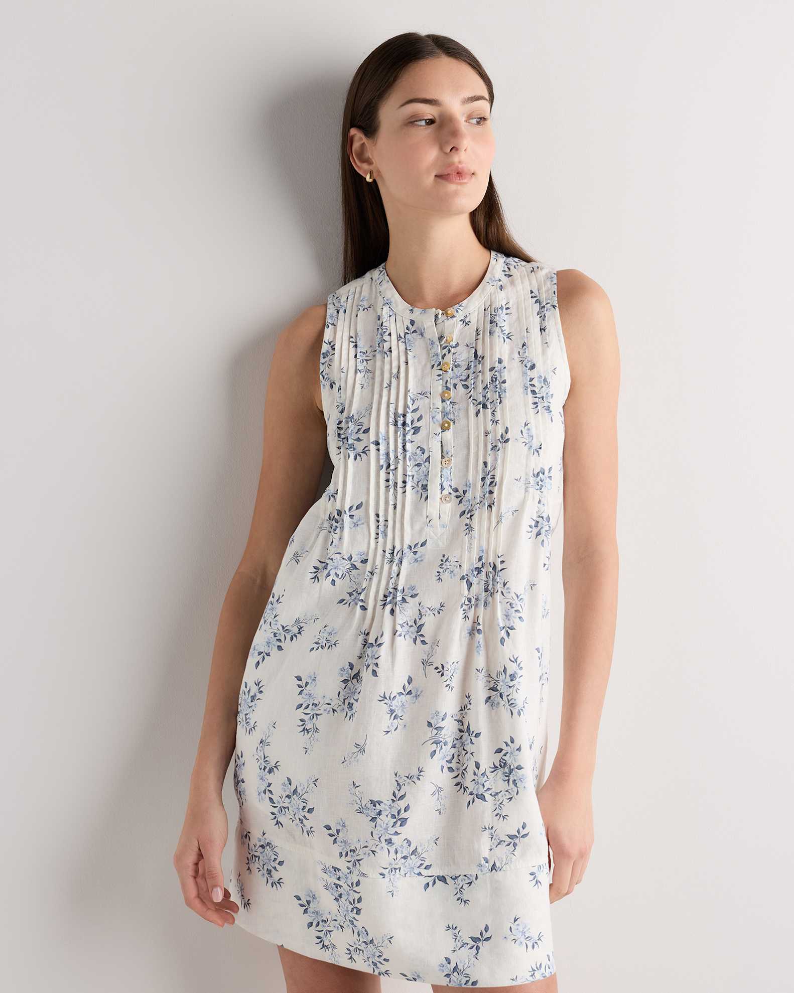 Women's 100% European Linen Sleeveless Swing Dress in Ivory Porcelain Blue Petite Floral, Size Small by Quince Women's 100% European Linen Sleeveless Swing Dress in Ivory Porcelain Blue Petite Floral, Size Small by Quince