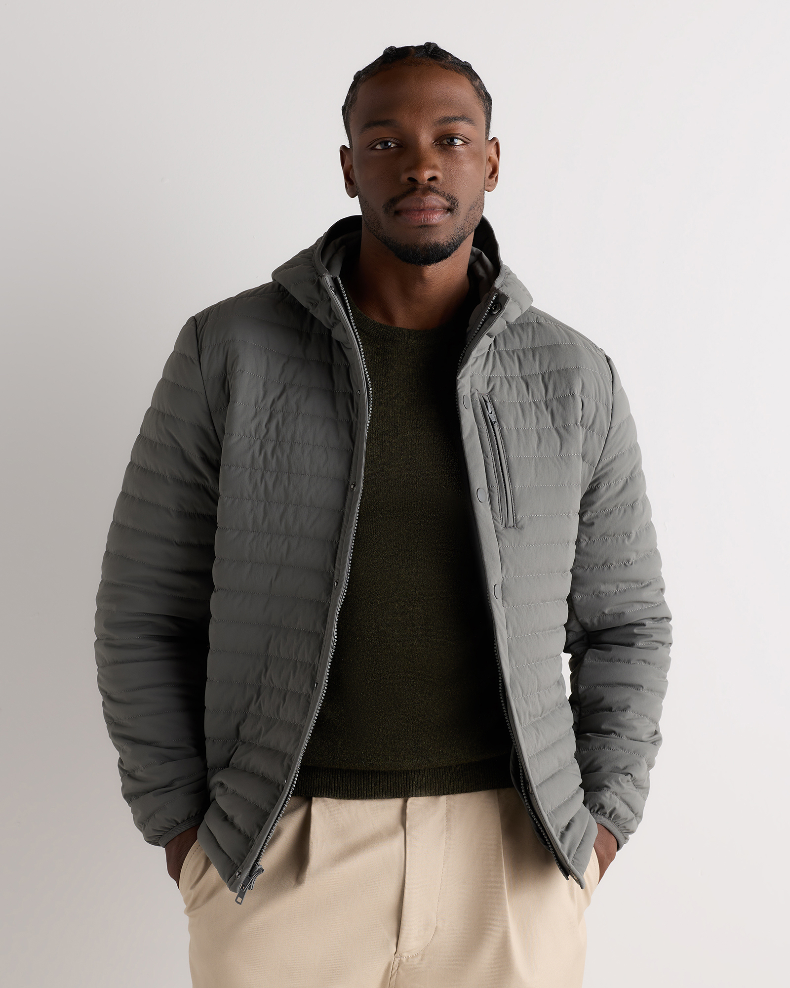 Fossil Grey Responsible Down Hooded Quilted Jacket