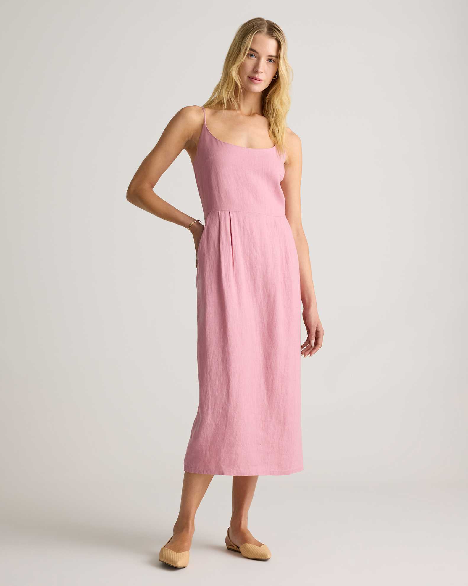 100% European Linen Scoop Neck Midi Dress in Mauve Mist 100% European Linen Scoop Neck Midi Dress in Mauve Mist