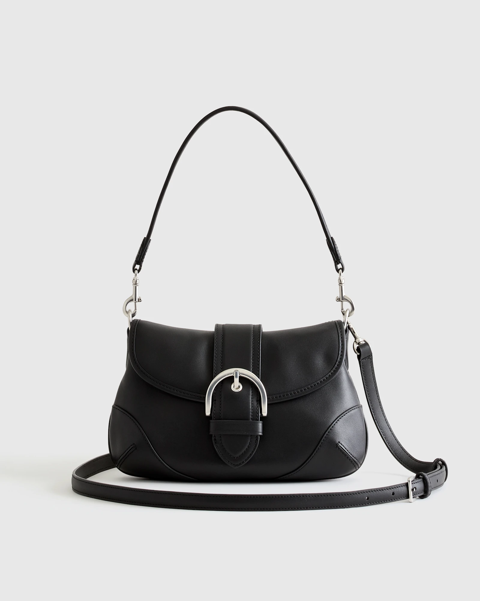Italian Leather Buckle Detail Shoulder Bag in Black