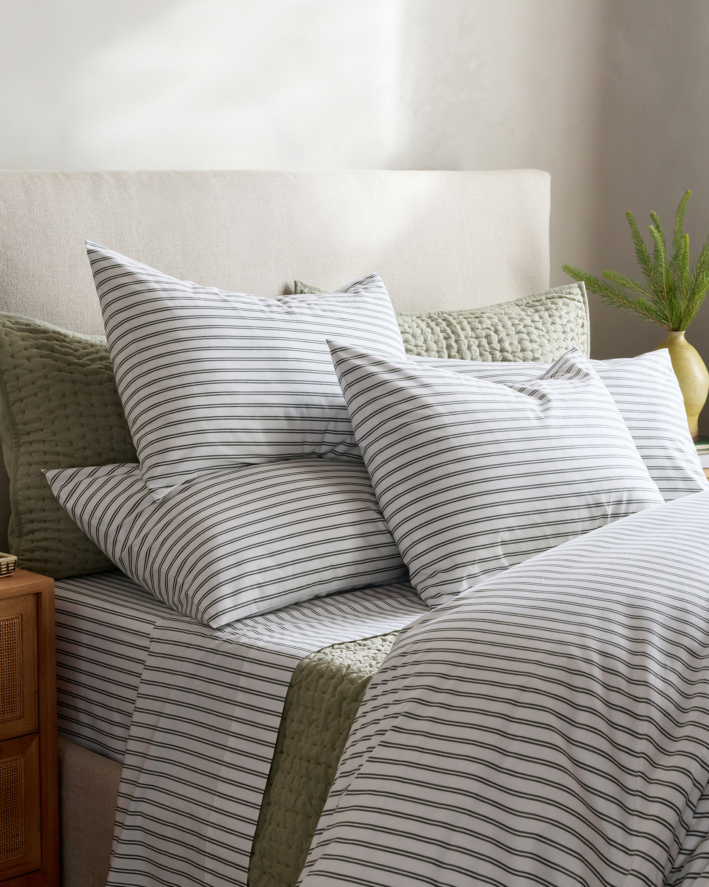 White/Pine Classic Organic Percale Double Stripe Sham Set