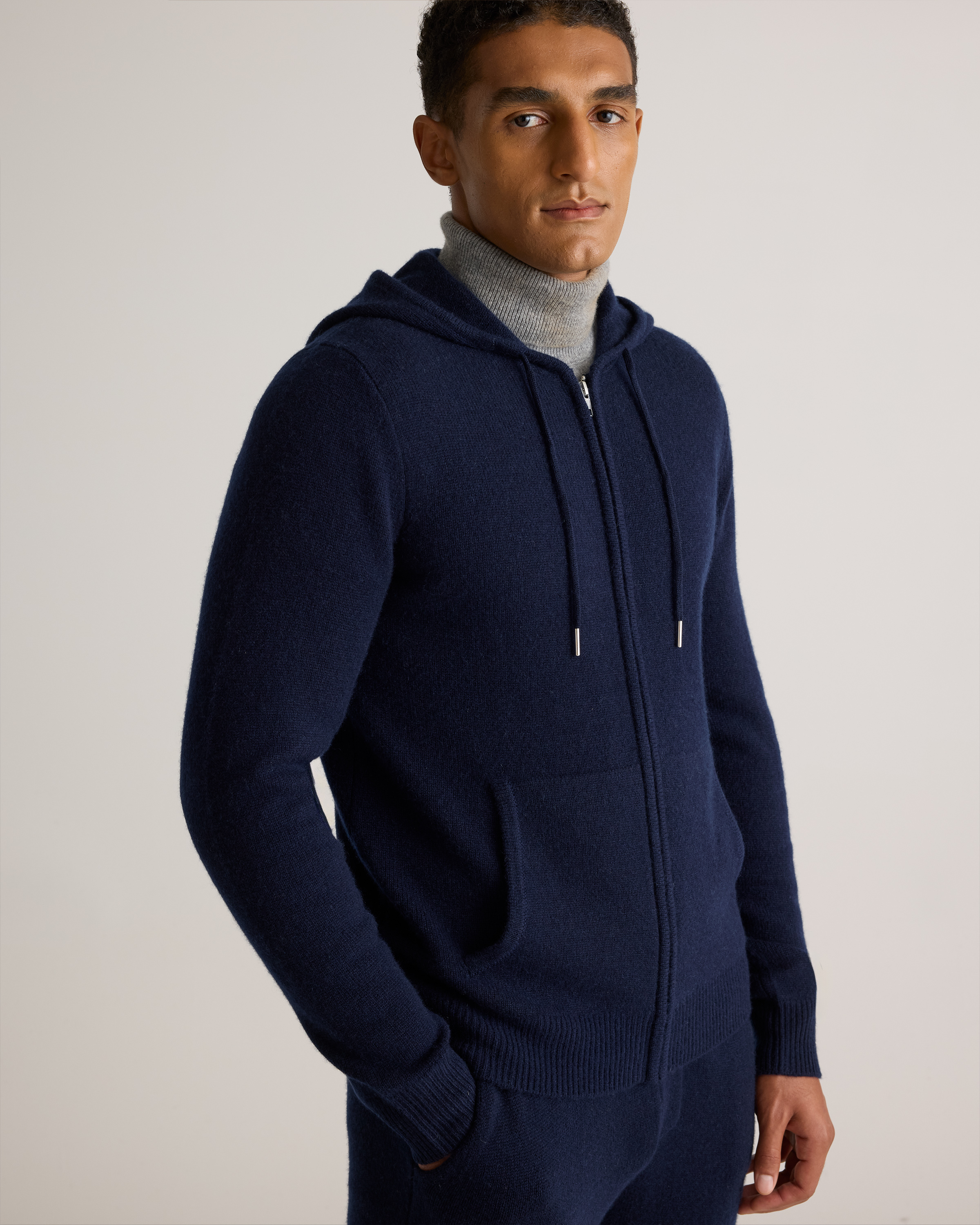 Mongolian Cashmere Full-Zip Hoodie in True Navy