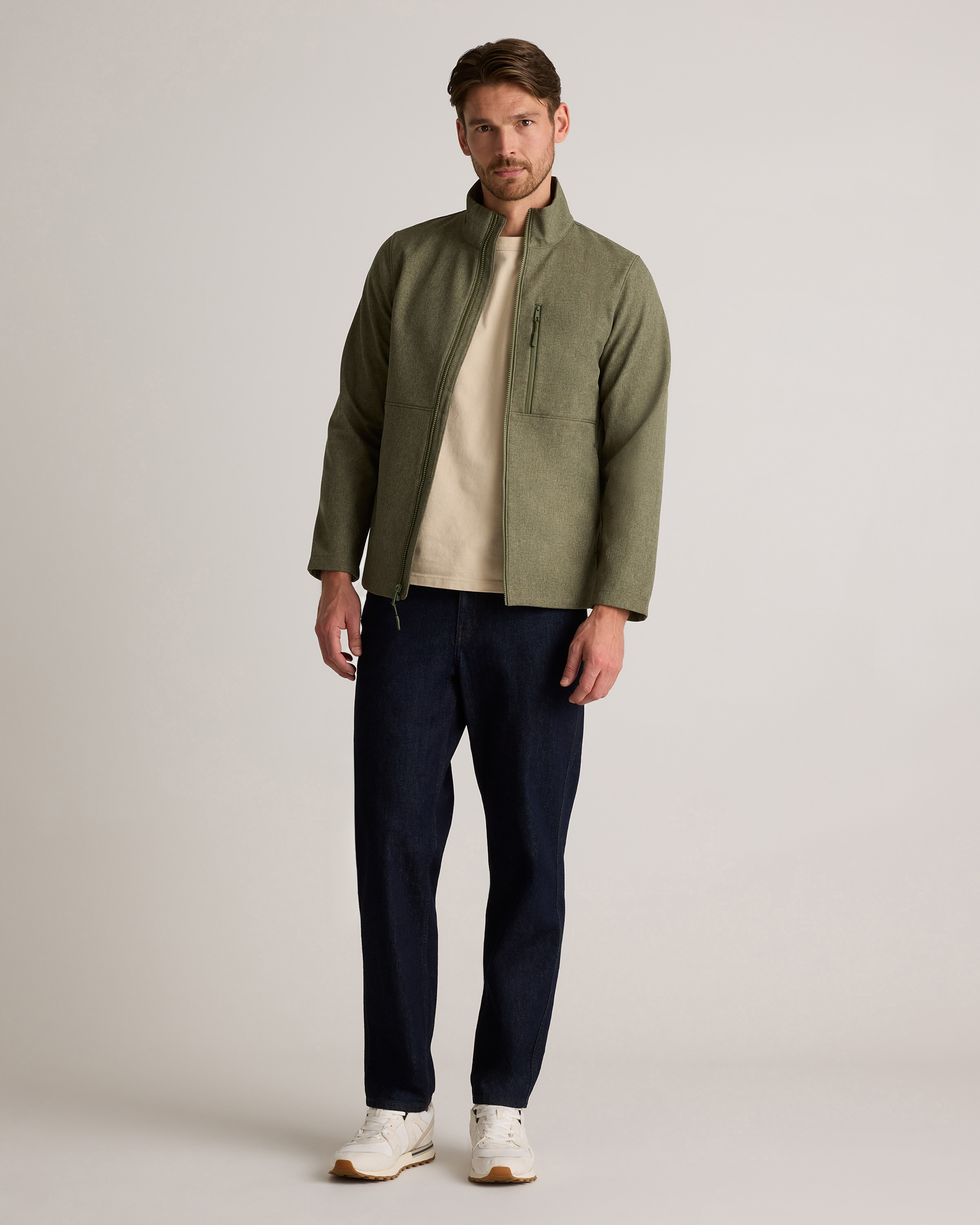Softshell Fleece-Lined Full-Zip Jacket in Heather Olive Oil