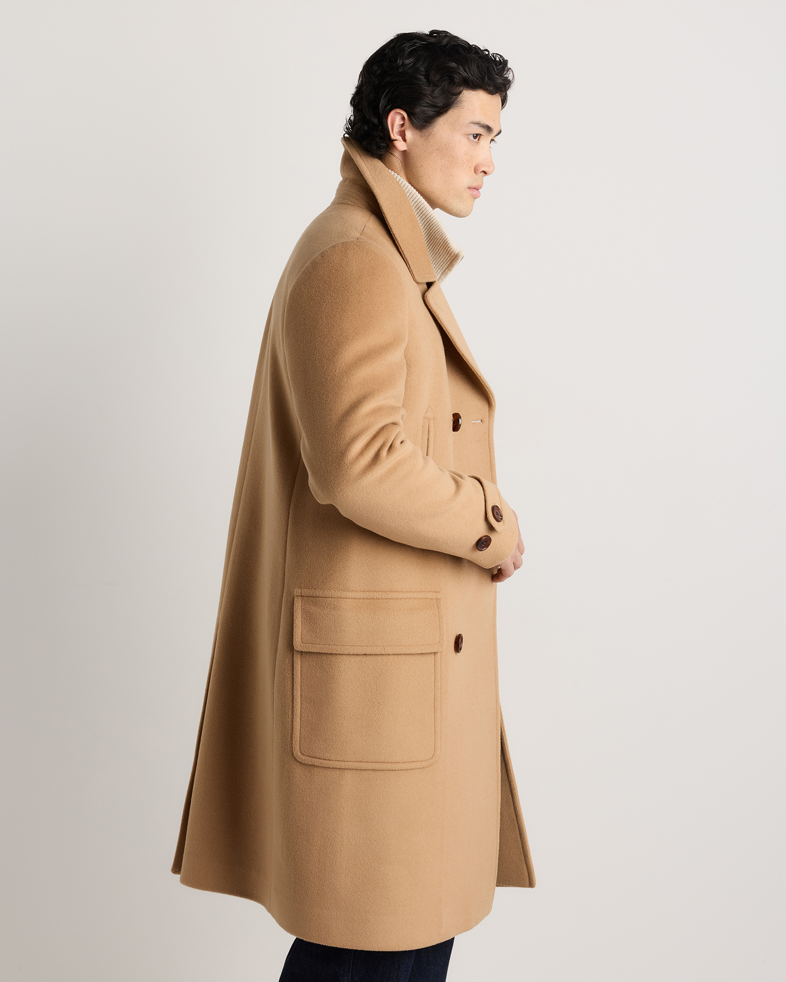 Wool Cashmere Double-Breasted Officer Topcoat in Caramel