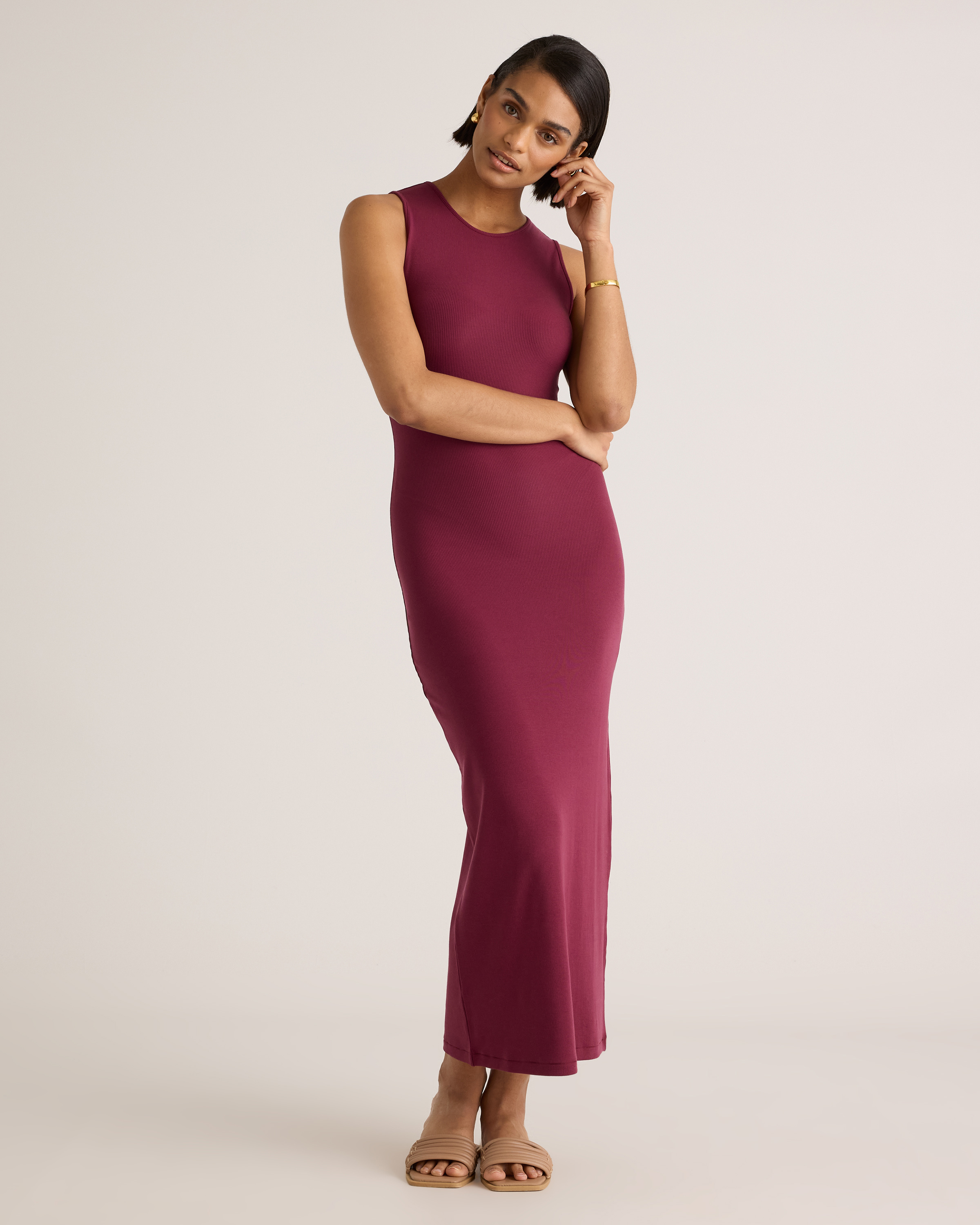 tencel rib knit sleeveless dress Quince Women's Tank Top Midi Dress, Wine Color, Size Medium sequin work dress