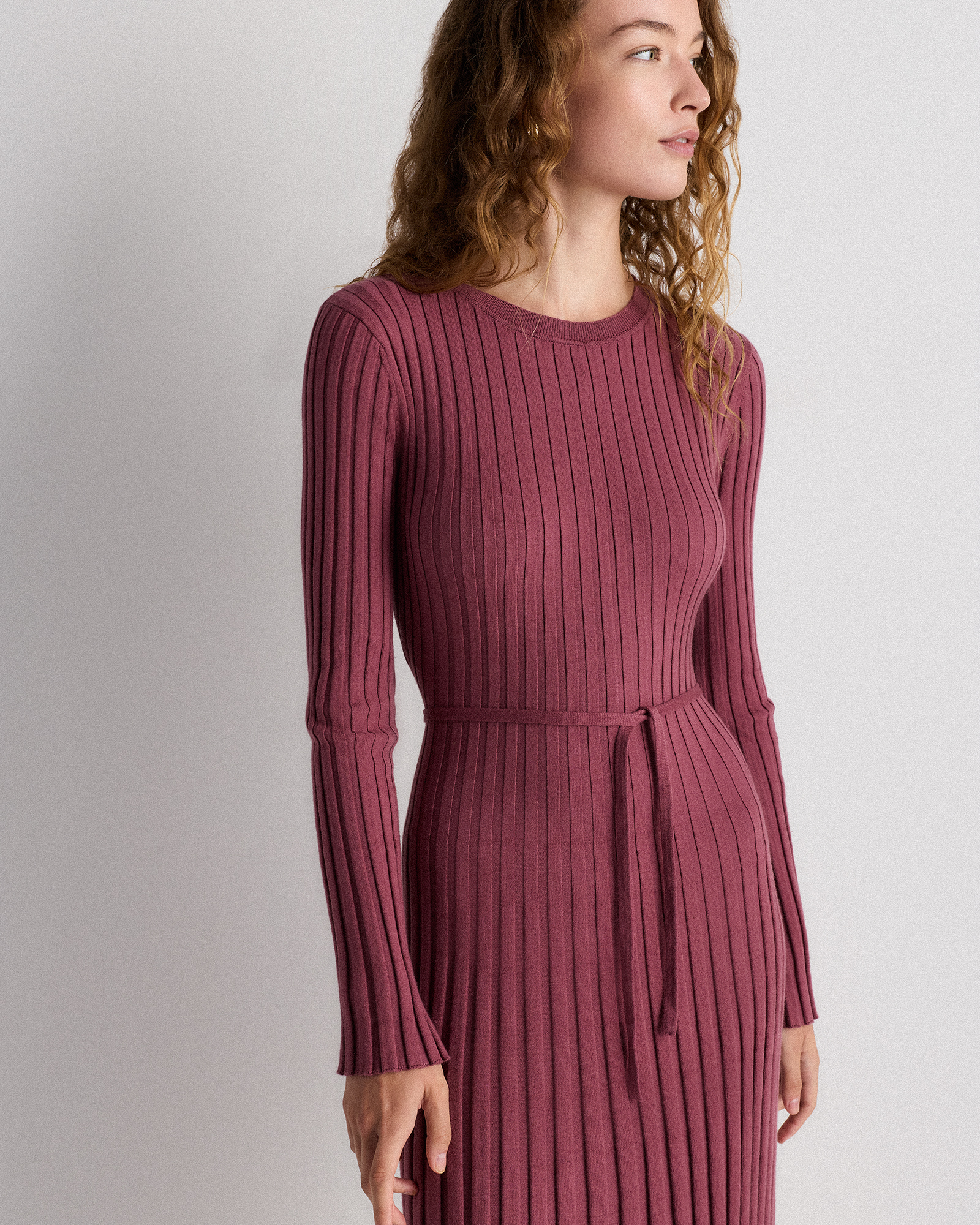 Women's Cotton Cashmere Ribbed Long Sleeve Crew Midi Dress in Crushed Berry Purple, Size XL by Quince