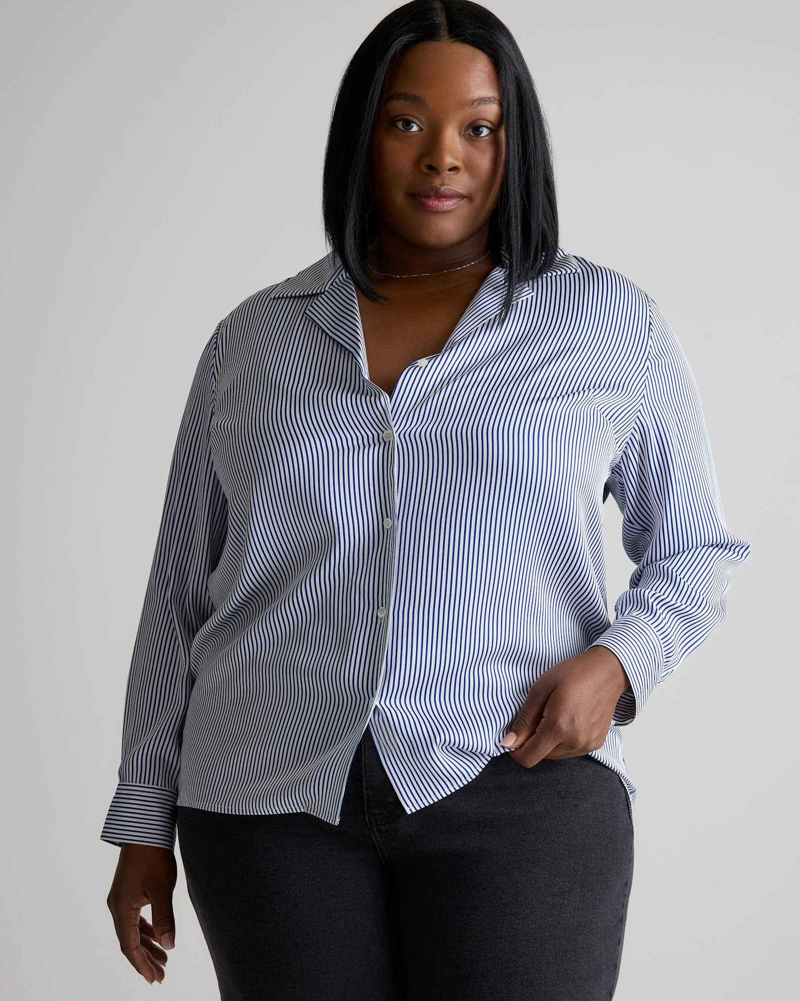 Washable Stretch Silk Notch Collar Blouse Plus Size - Main Image