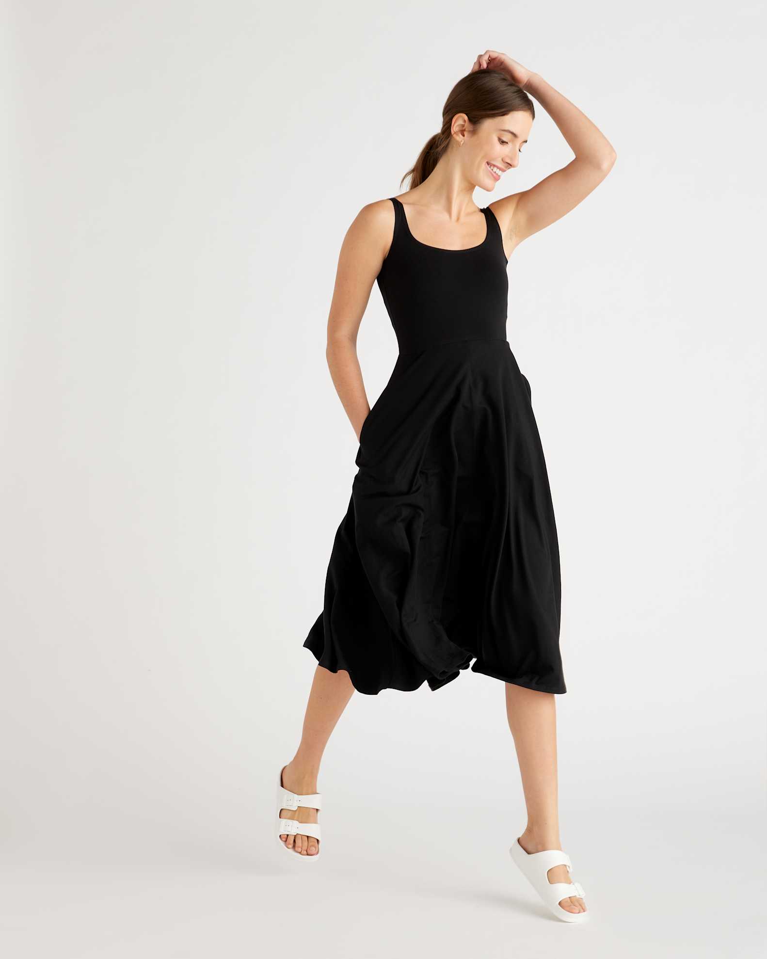 Quince Women's Fit & Flare Knit Dress, Black, Size Large, Made from Soft, Light Tencel with Pockets Quince Women's Fit & Flare Knit Dress, Black, Size Large, Made from Soft, Light Tencel with Pockets