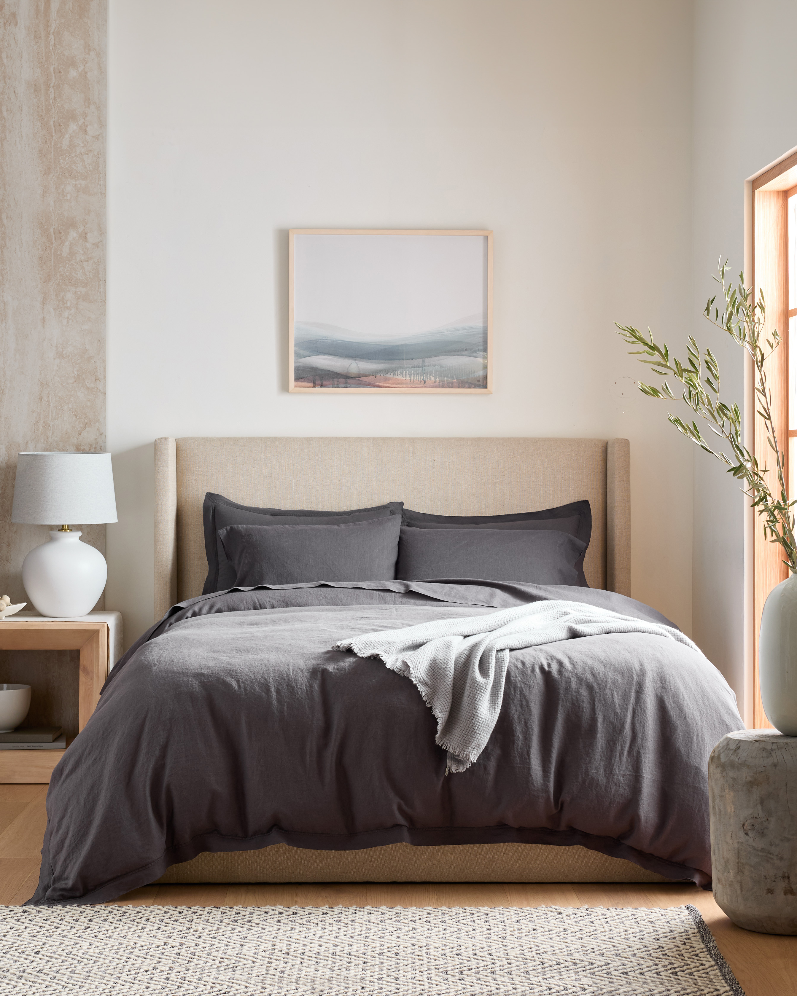 Charcoal European Linen Double Flange Deluxe Bedding Bundle