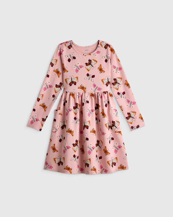 Blush Butterflies Organic Cotton Long Sleeve Fit and Flare Pocket Dress
