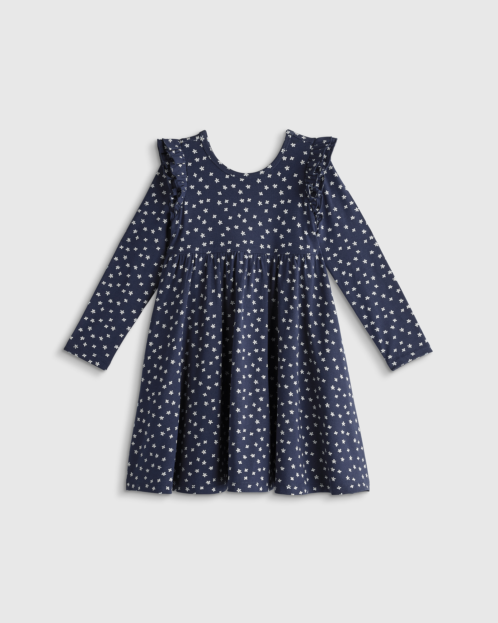 Navy Blossoms Robe évasée à manches longues en bambou 