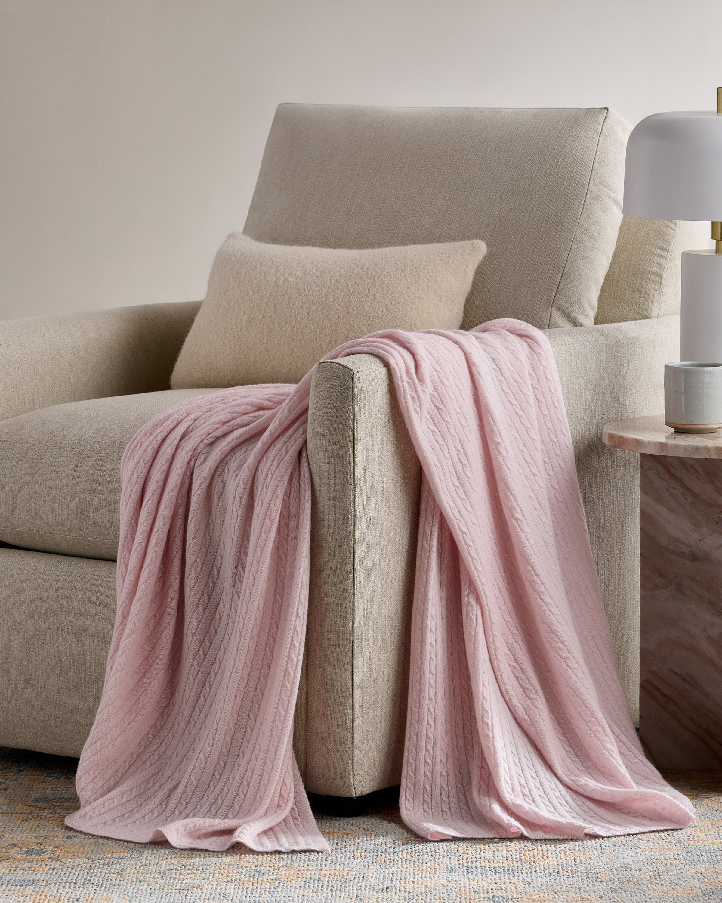 Minimal Pink Cable Knit Cashmere Throw