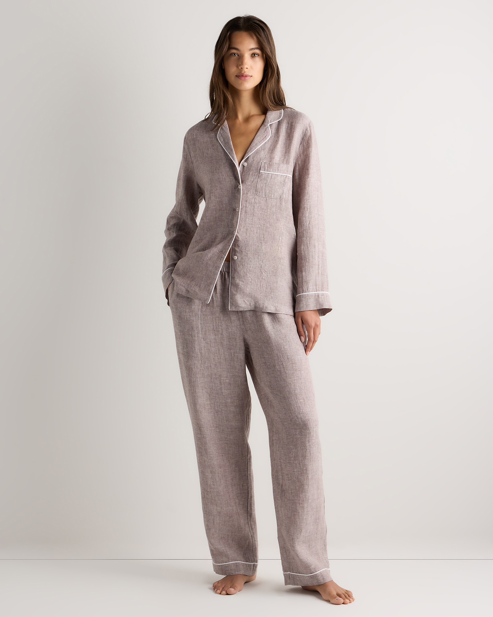 Taupe Brown Chambray 100% European Linen Long Sleeve Pajama Set with Piping