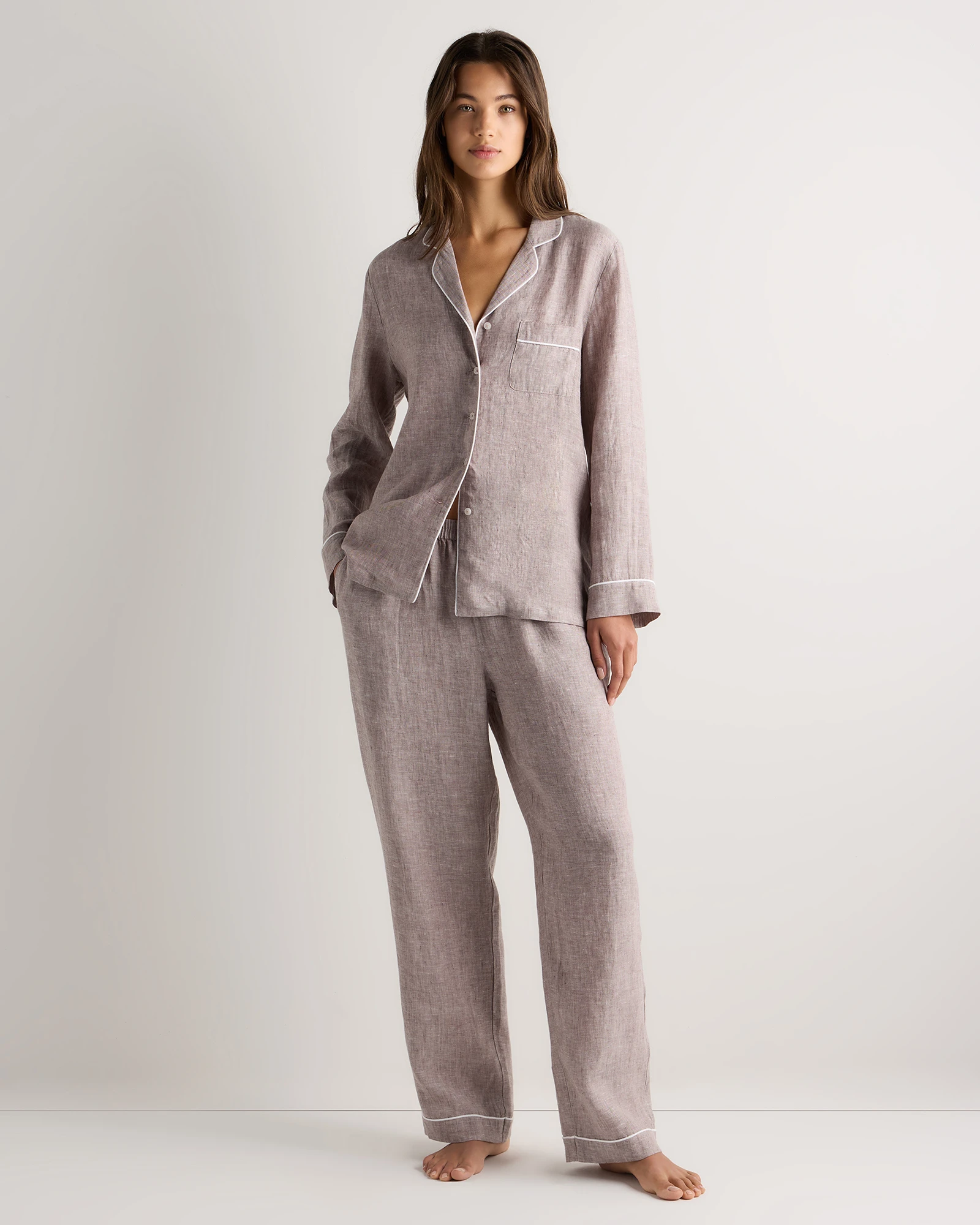 100% European Linen Long Sleeve Pajama Set with Piping