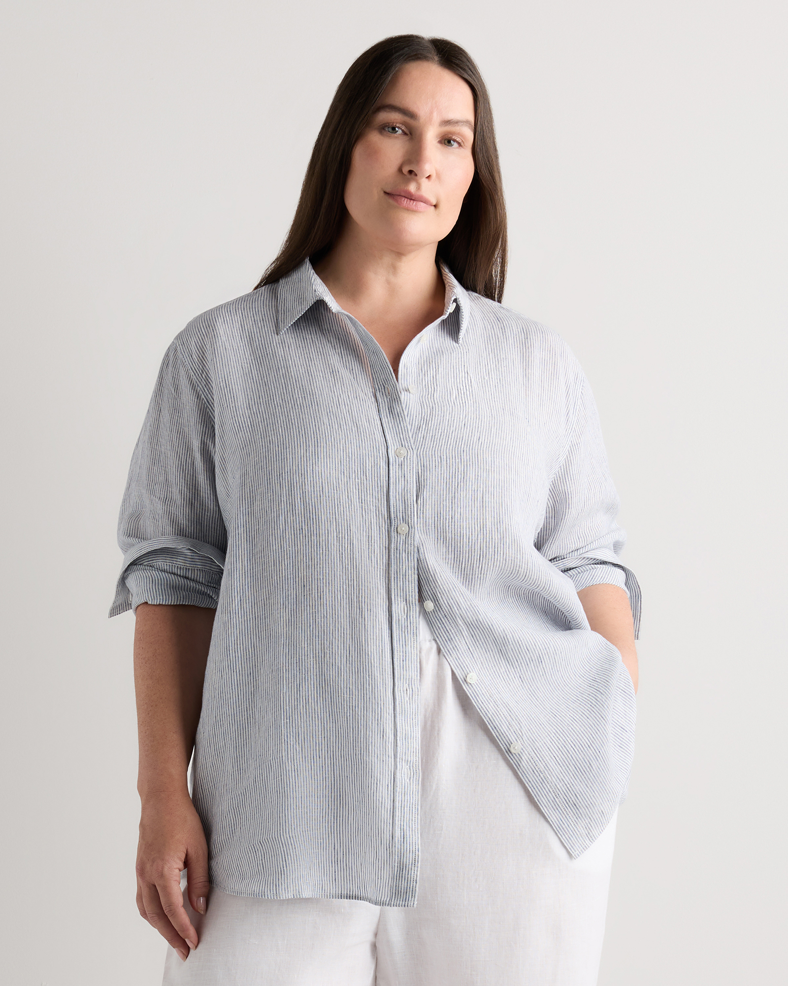 Blue Pinstripe 100% European Linen Long Sleeve Shirt