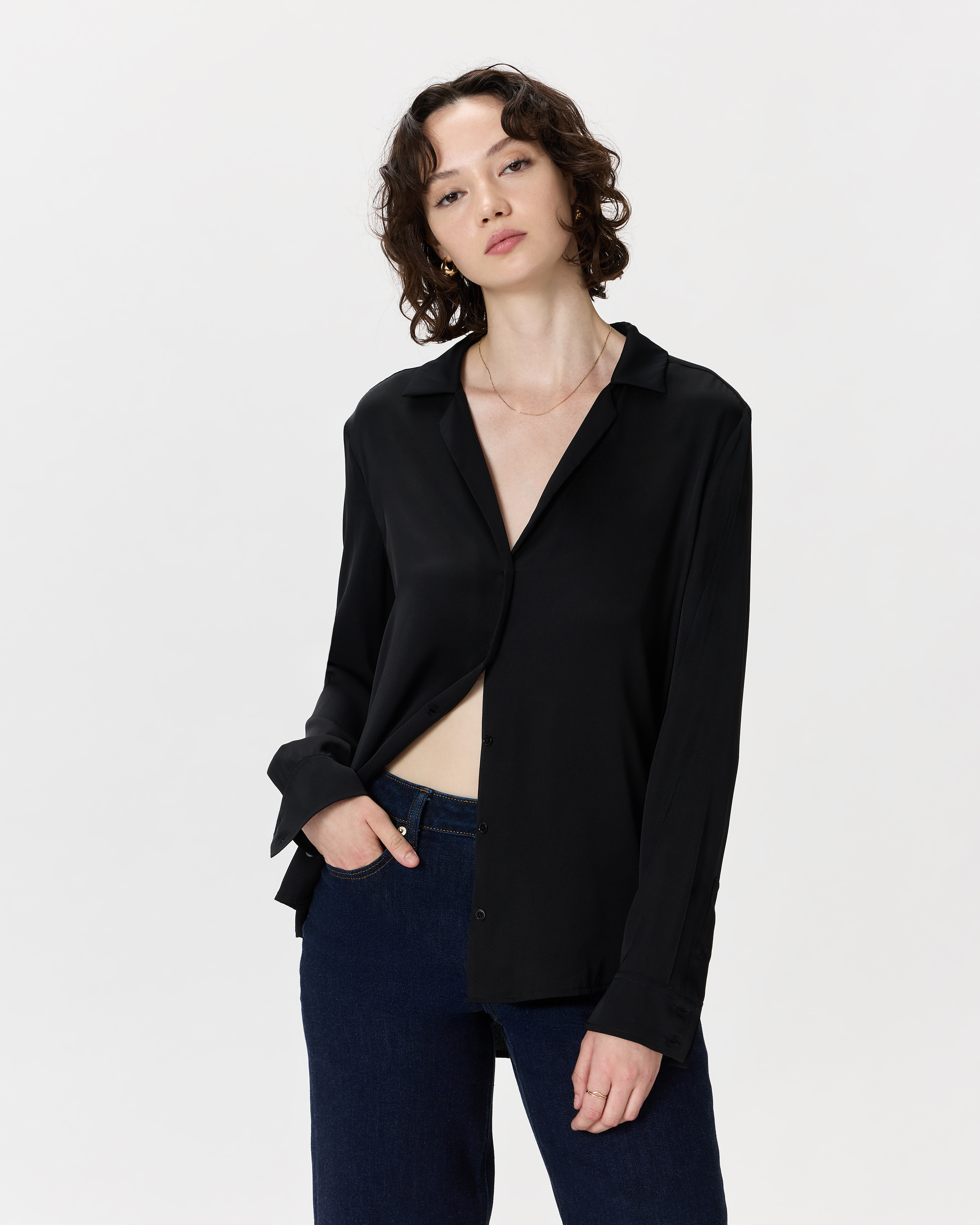 Black Washable Stretch Silk Notch Collar Blouse