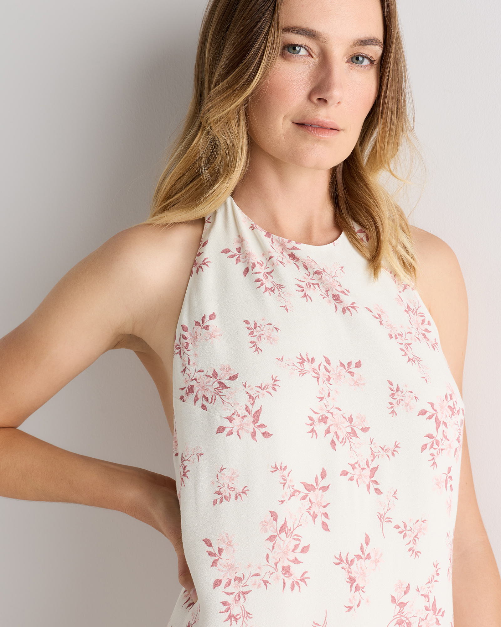 Lightweight Crepe Halter Mini Dress in Ivory Rose Pink Petite Floral