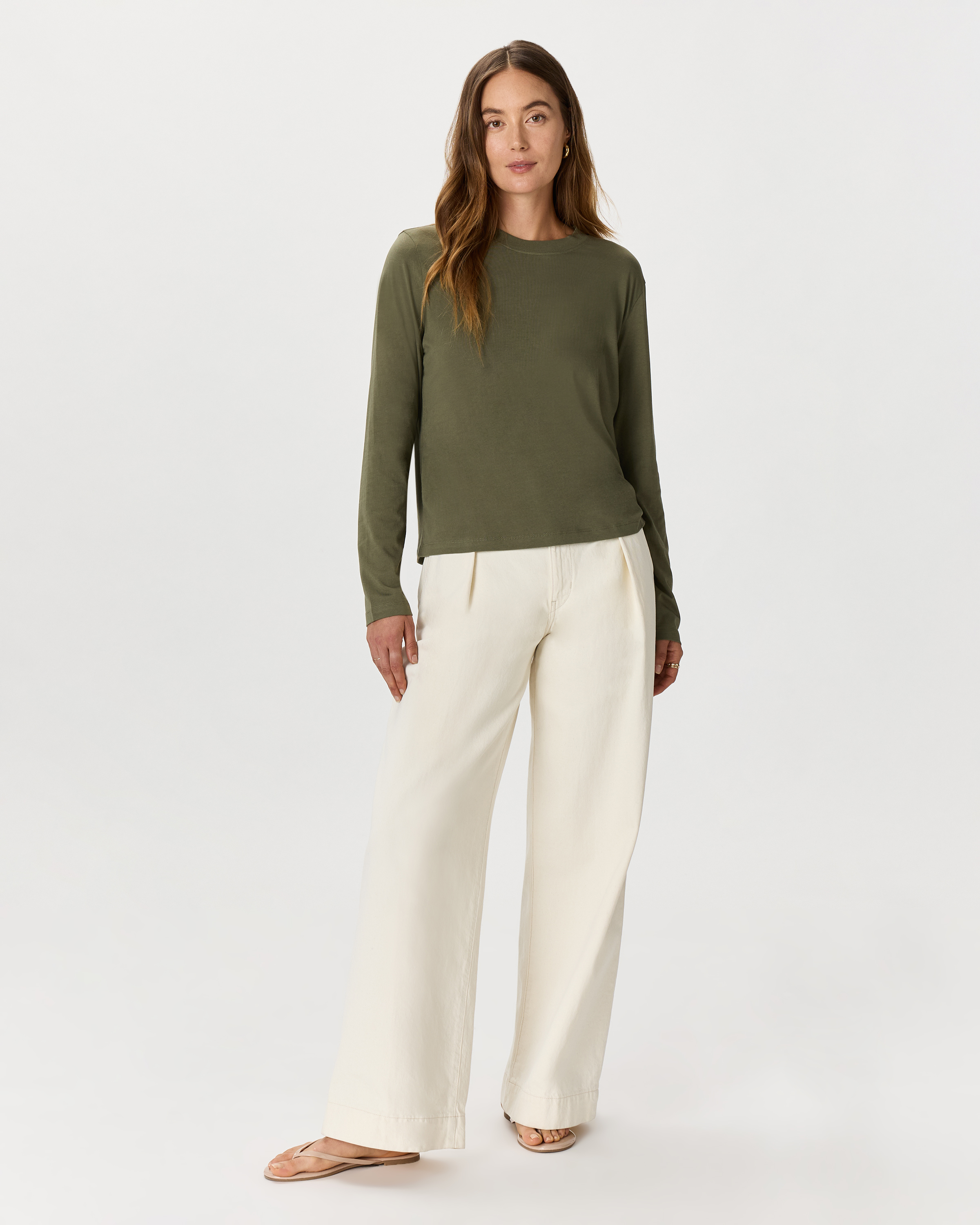 Cotton Modal Relaxed Long Sleeve Tee in Dark Olive
