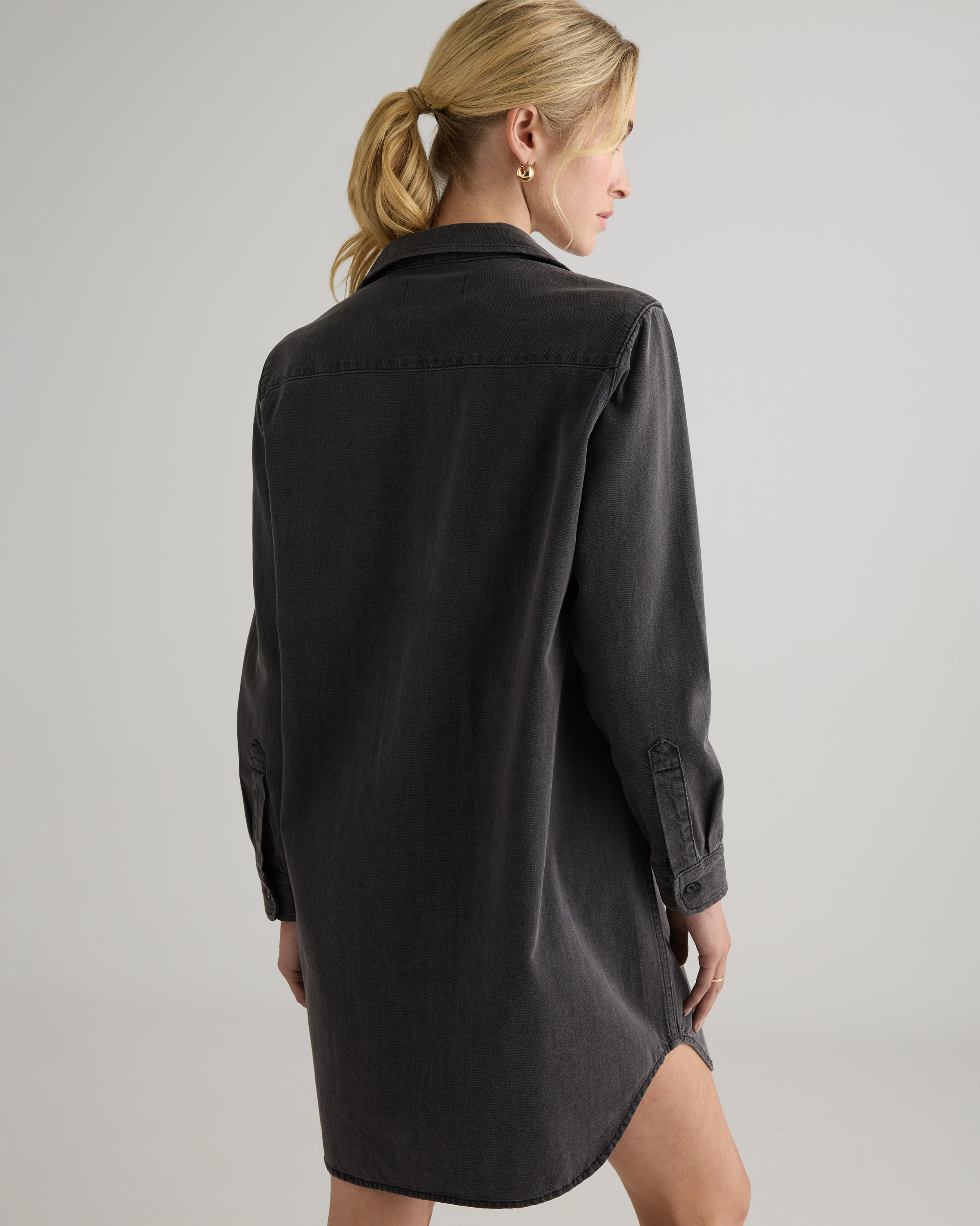 Distressed Denim Shirt Dress in Washed Black