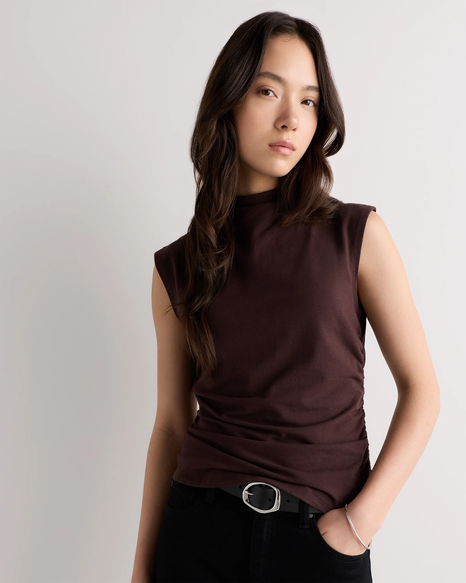 Stretch Cotton Jersey Sleeveless Mock Neck Top